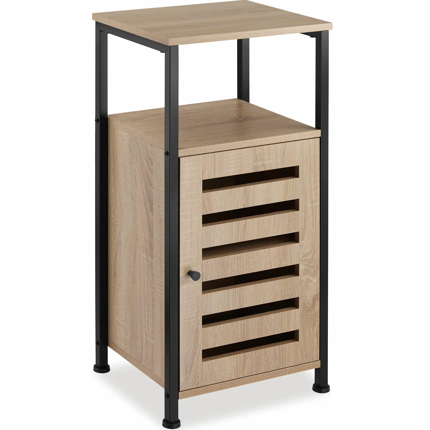 tectake® Mesa Auxiliar Salon Estilo Industrial 2 Estantes y Puerta, Mesita de Noche, Decoracion Hogar, Mesitas de Noche, Mesita Auxiliar - 31,5 x 38,5 x 81 cm Madera Industrial Clara, Roble Sonoma