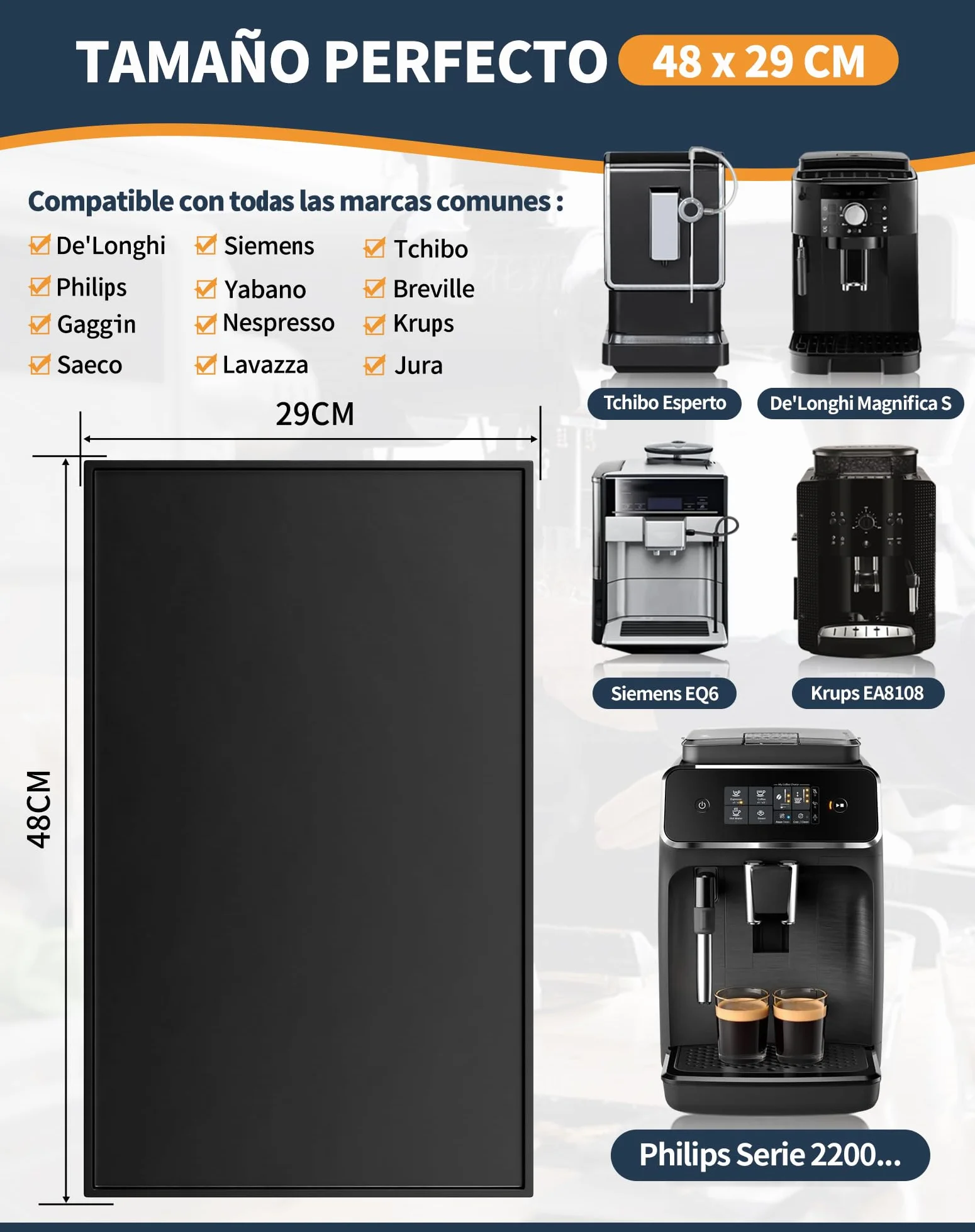 Alfombrilla para Máquina de Café 48x29 cm Base de Silicona Compatible con De'Longhi Magnifica, Krups, Philips LatteGo, Cecotec