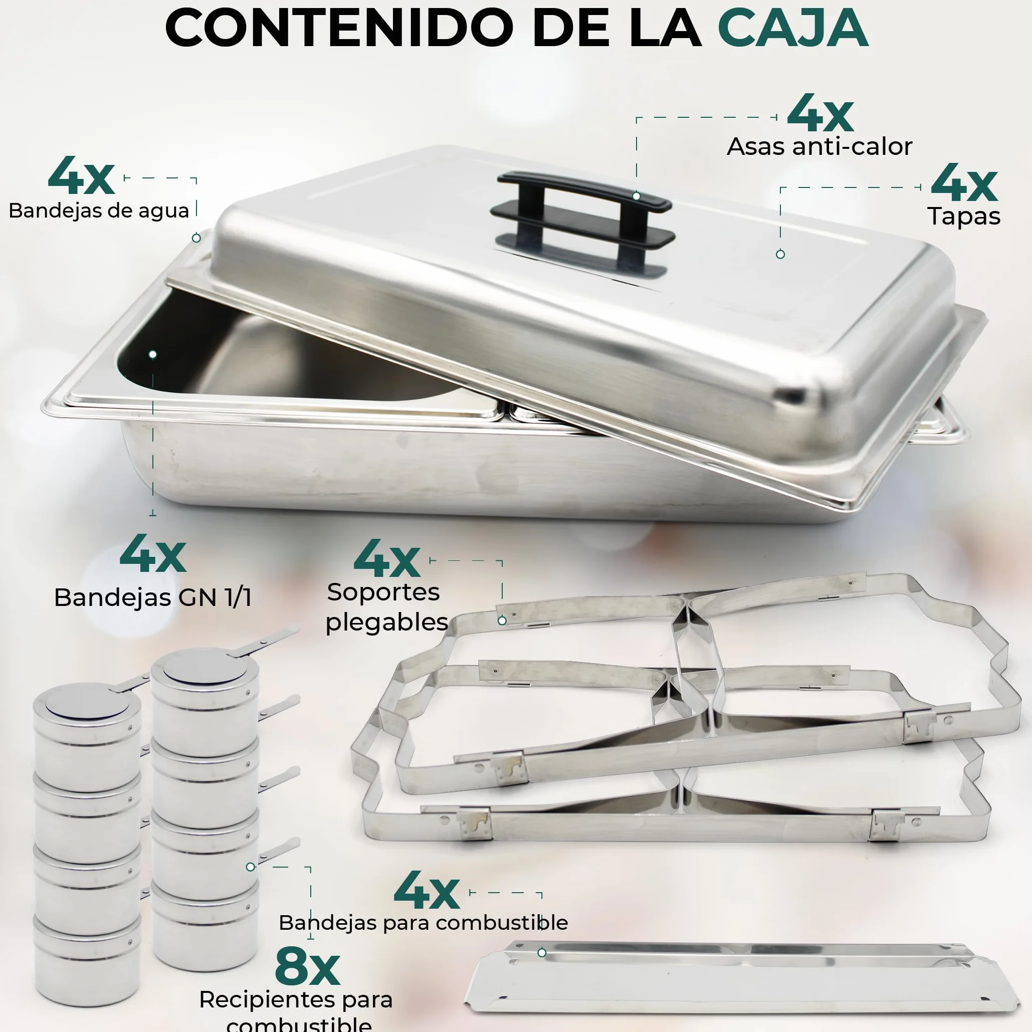 Pack de 4 Calentadores de Platos LEUTHERIA - Chafing Dish Profesional/Acero Inoxidable alimentario para Buffet/baño maría Profesional/Mantenimiento en Caliente/Catering/Hotel/Restaurante