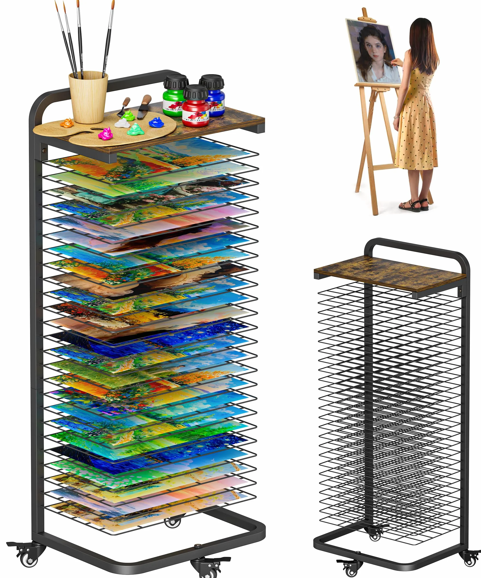 mocomax Estante de secado de arte con tablero superior, soporte móvil de secado de pintura con 25 estantes extraíbles, estante de almacenamiento funcional de lona con ruedas bloqueables para aulas y