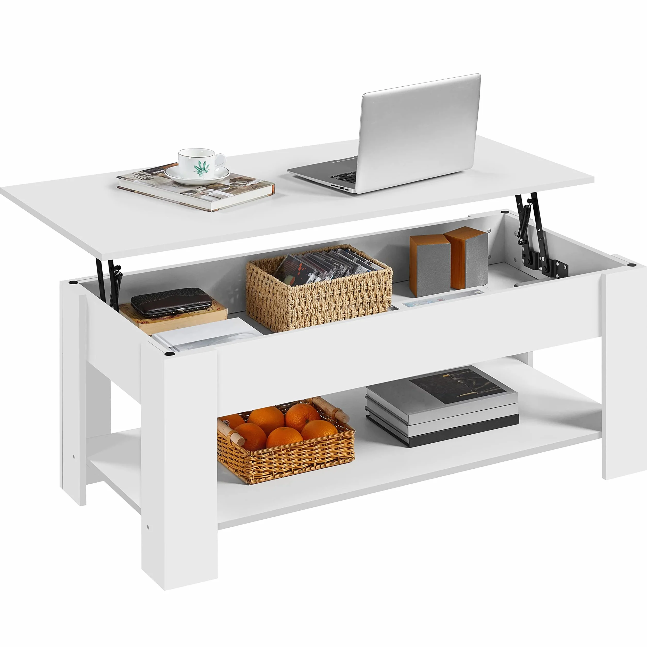 Yaheetech Mesa Centro Elevable con Estante Mesa Café con Revistero Mesita Baja de Moderno Grande para Salón 120 x 59 x 49,5 cm Blanco
