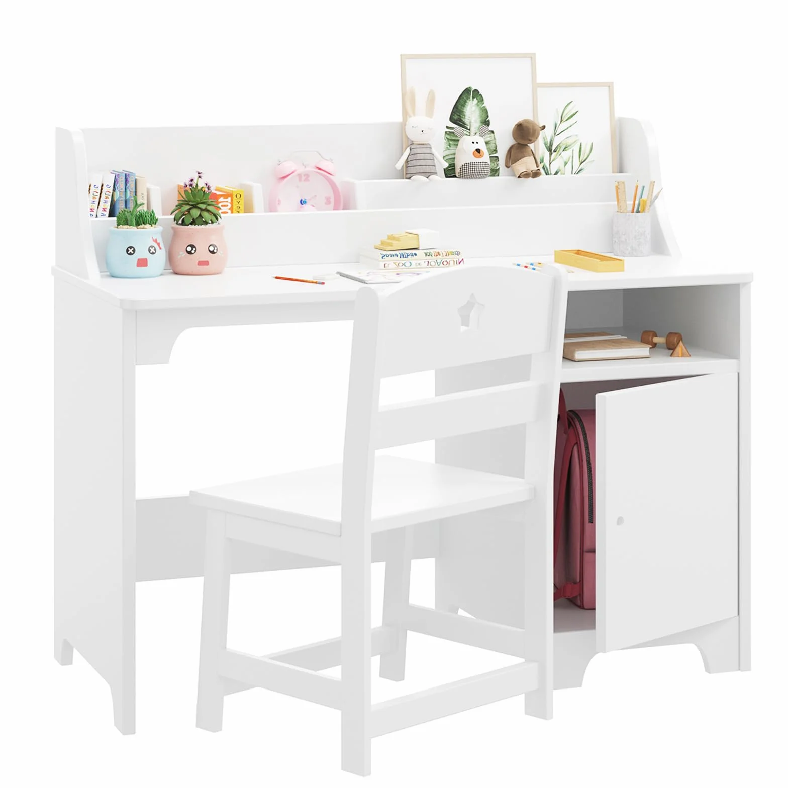 Garvee Escritorio de estudio para niños con silla, mesa de estudio de madera para niños con cabaña y armario de almacenamiento para niños y niñas de 3 a 12 años, escritorio de escritura para