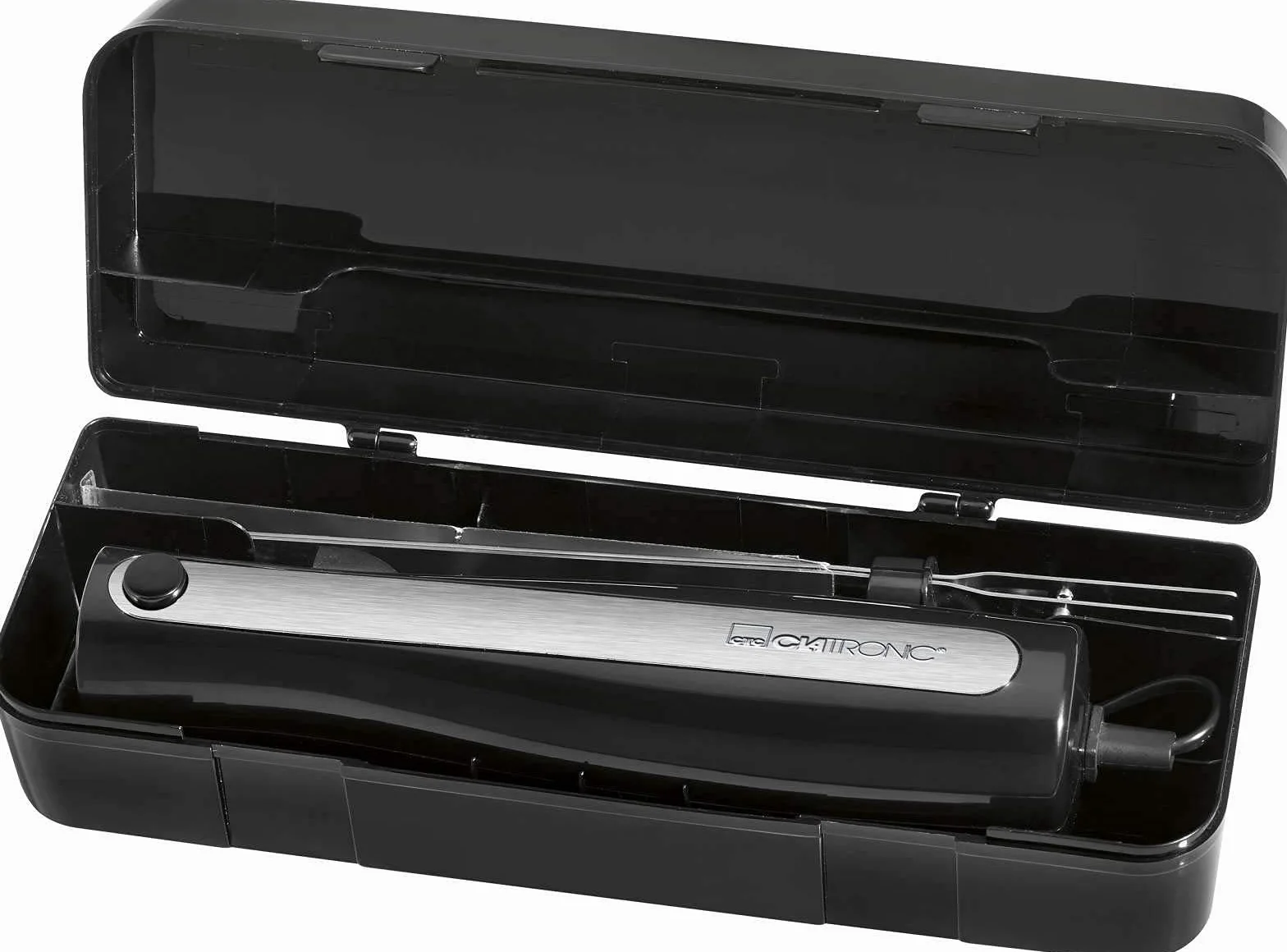 Clatronic Cuchillo eléctrico de cocina para carne, cuchillo de cocina eléctrico para alimentos congelados (hoja de acero inoxidable, afilado ondulado, cuchillo de pan, 120 W, negro)