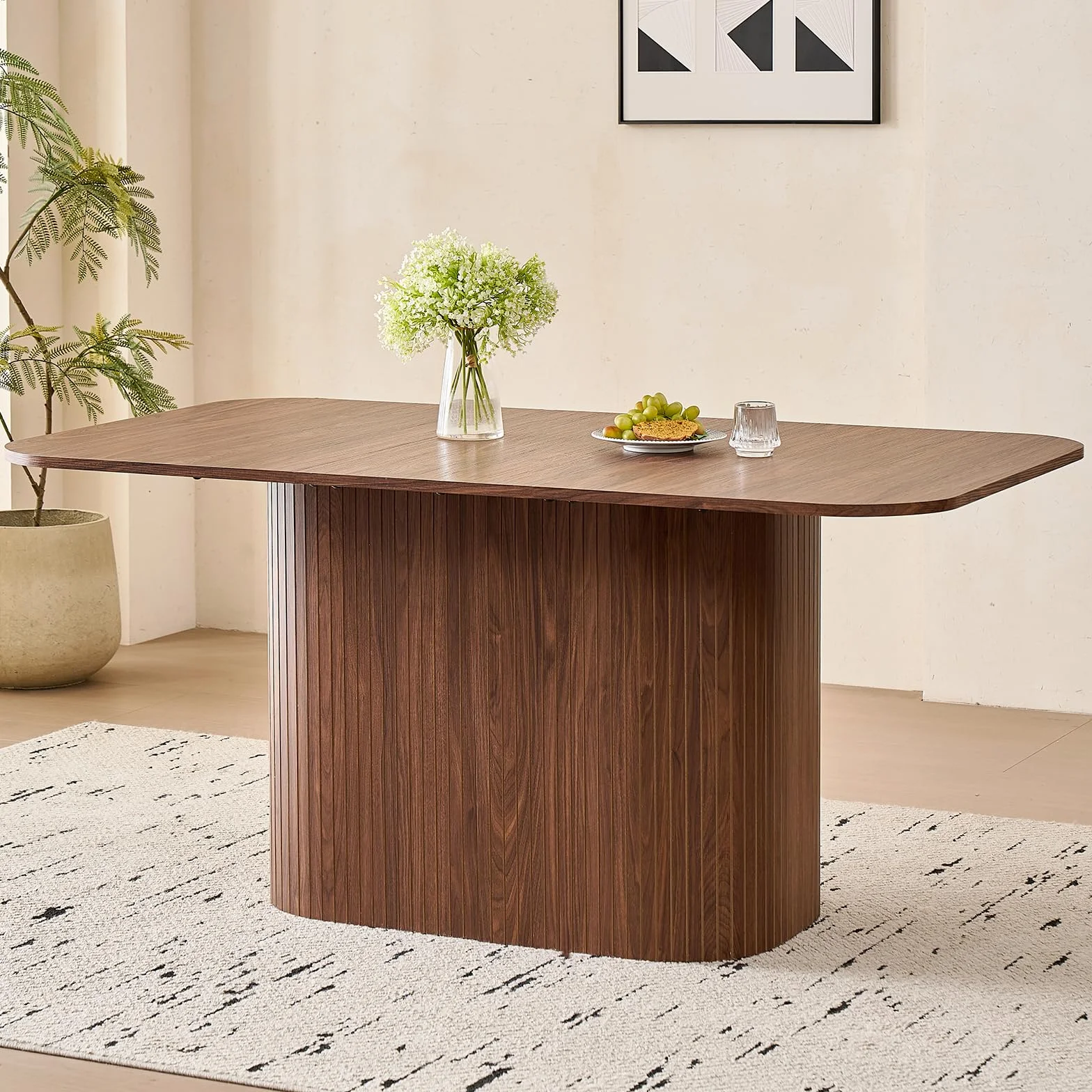 Mesa de Comedor Rectangular, Moderna Mesa de MDF, Mesa de Comedor Nórdica para Cocina, Patas de Listones, Ideal para Salón y Comedor, Veta de Madera Oscura