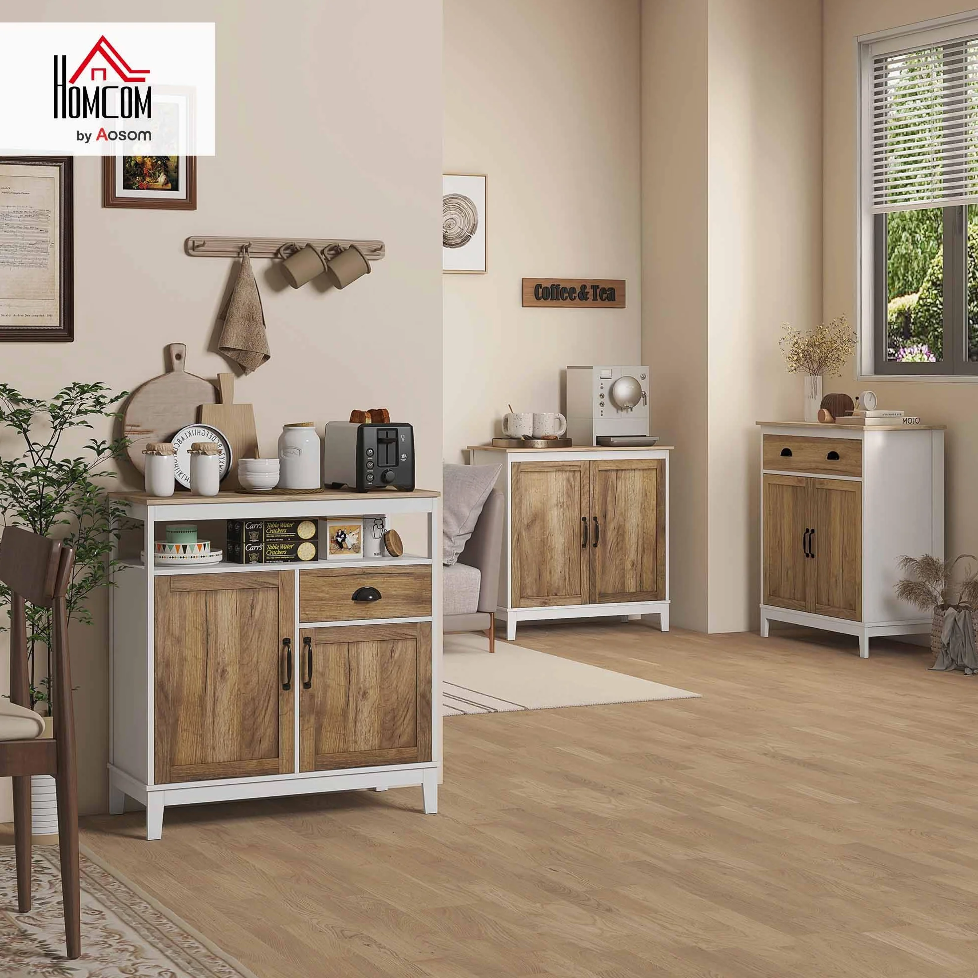 HOMCOM Aparador de Salón 2 Puertas Cajón 76,6x35x81,5 cm Blanco y Marrón | Armario Almacenaje de Madera, Estante Ajustable, para Comedor Cocina Dormitorio