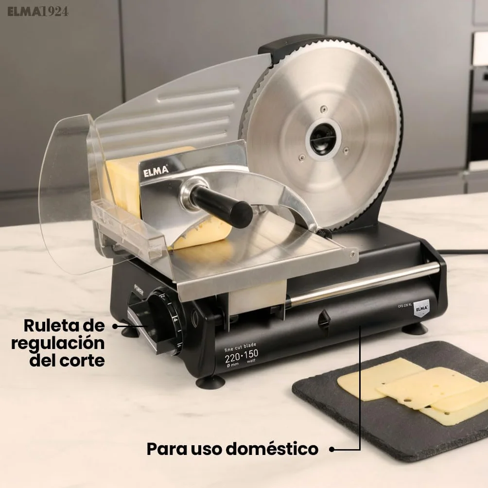 ELMA Cortafiambres Eléctrico CFD220 XL con Dos Cuchillas de Acero Inoxidable Ø220 mm | Cortadora de Fiambre Doméstica Ajustable 0-15 mm, Potente, Segura y Fácil de Limpiar