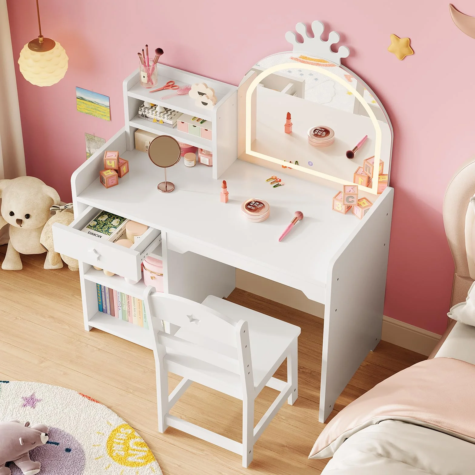Tocador de Maquillaje Niña 2 en 1 con Escritorio, Luz LED, Espejos y Taburete