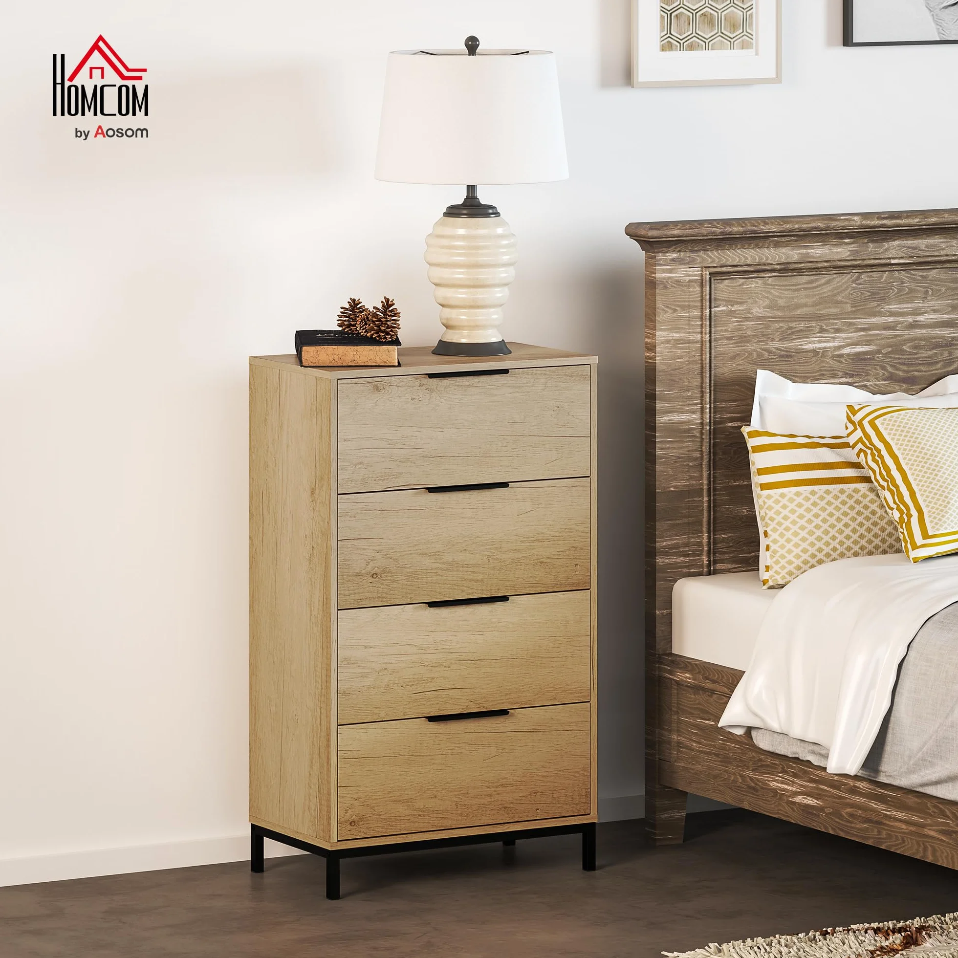 HOMCOM Cómoda de 4 Cajones Alta con Tiradores Metálicos Cómoda para Dormitorio Cajonera Estrecha para Pasillo y Salón 62x35x105 cm Natural