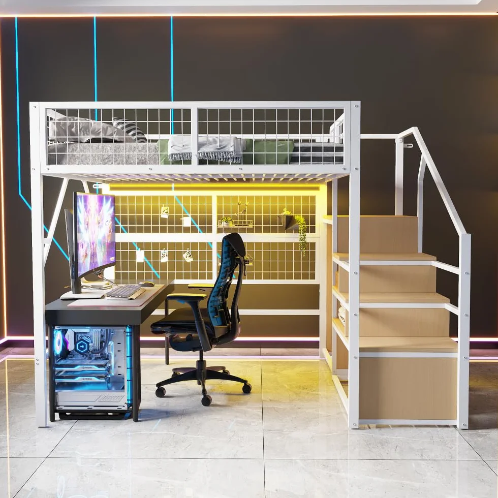 I0I&I0I Cama de metal de hierro para niños y jóvenes con tiras de luz LED, escalera con espacio de almacenamiento, armario abierto, color negro, versátil 193 (blanco + metal + 140 cm x 200 cm)