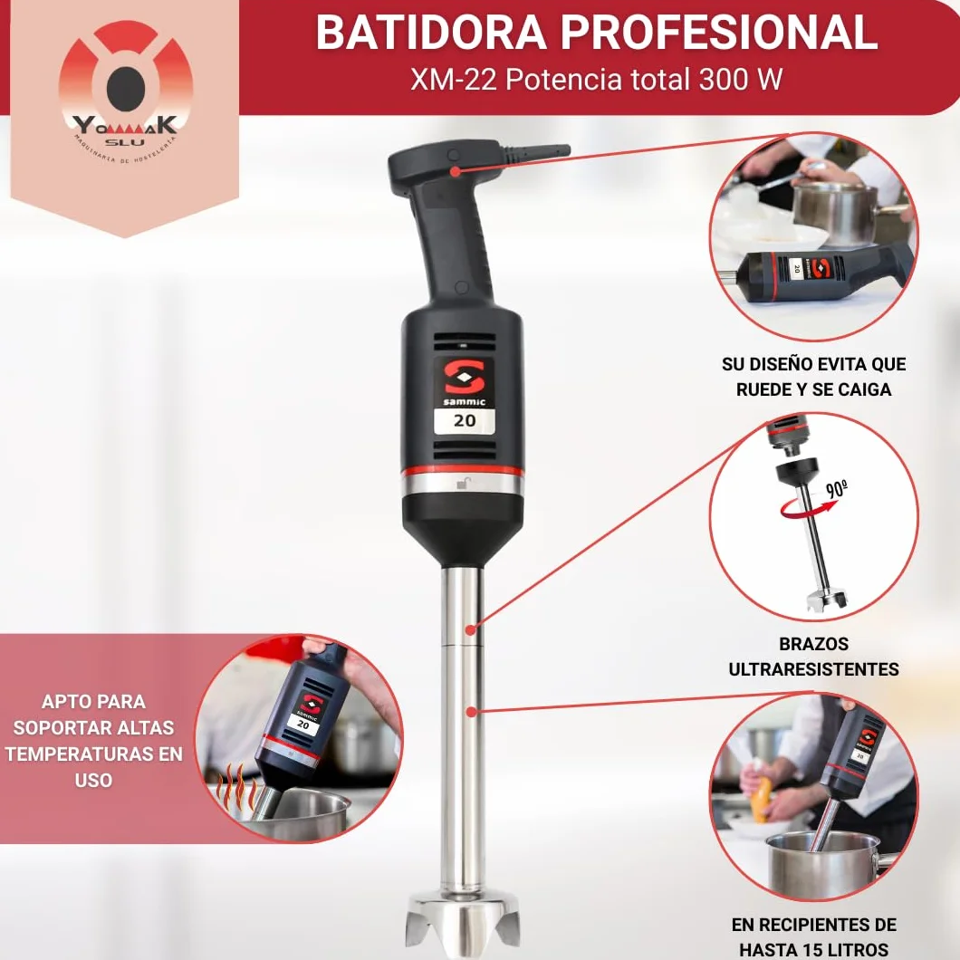 YOMMAK Batidora Profesional Sammic XM-22 – 300W, Batidora Brazo Industrial de Mano – Hasta 15L – Ideal para Cocina Profesional Hosteleria Horeca y Repostería – Trituradora Compacta y Duradera