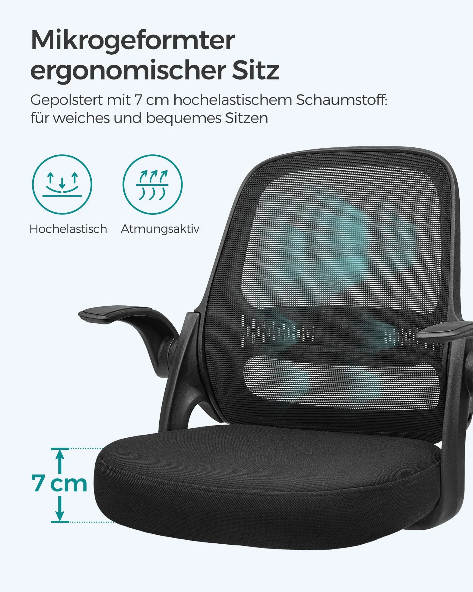 SONGMICS Silla de Oficina, Silla de Escritorio, Silla Giratoria Ergonómica, Silla de Ordenador, Altura Ajustable, Apoyabrazos Abatibles, Mecanismo de Inclinación, Negro OBN035B01