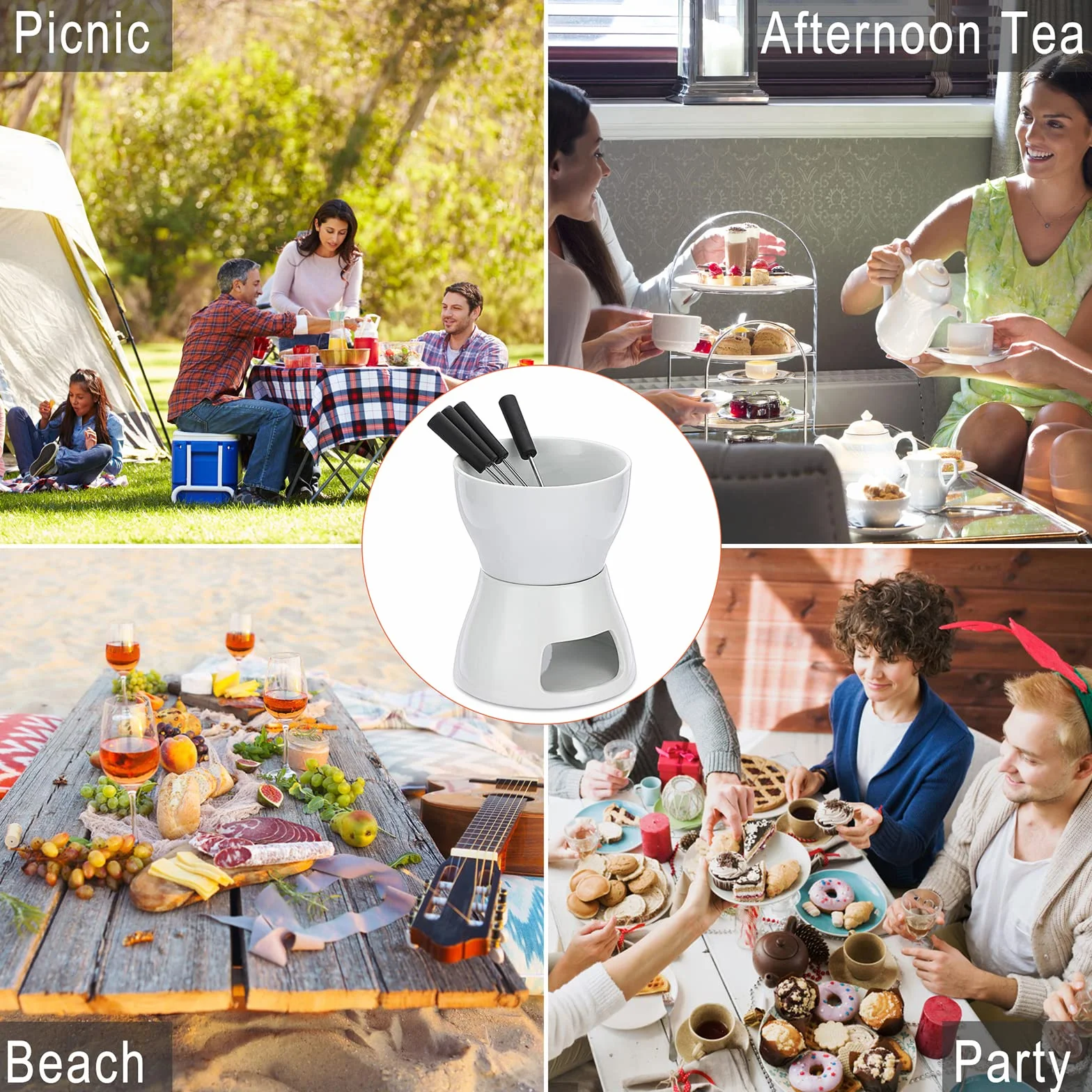 Juego de Fondue de Chocolate 400ML con 4 Tenedores, Cerámica Fundidor de Queso