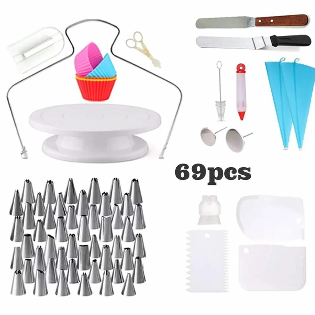 Kit de decoración de Pasteles de 69 Piezas con Base giratoria, boquillas para Decorar, alisador de glaseado y Juego para Hornear.