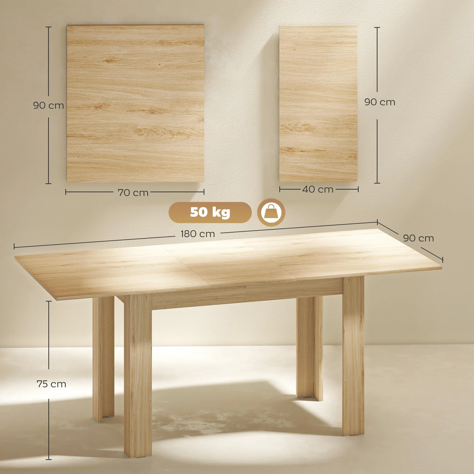 HOMCOM Mesa de Comedor Extensible 140-180x90x75 cm Madera Natural | de 140 a 180 cm, Mesa de Cocina Extensible Rectangular, para 6-8 Personas, para Salón