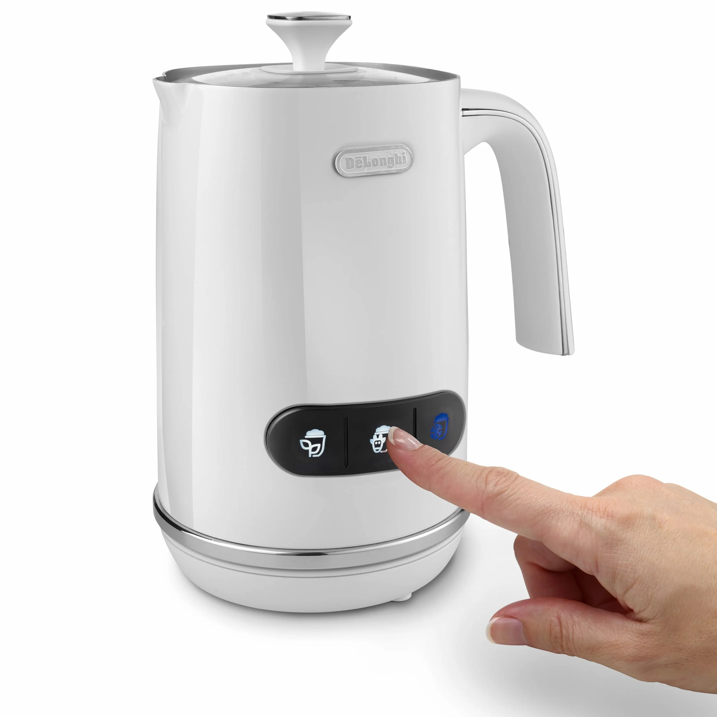 De'Longhi LatteMix EMF3.W - Espumador de leche eléctrico para leche caliente y fría y alternativas vegetales, fácil limpieza, tapa transparente, 3 botones, 250 ml, blanco