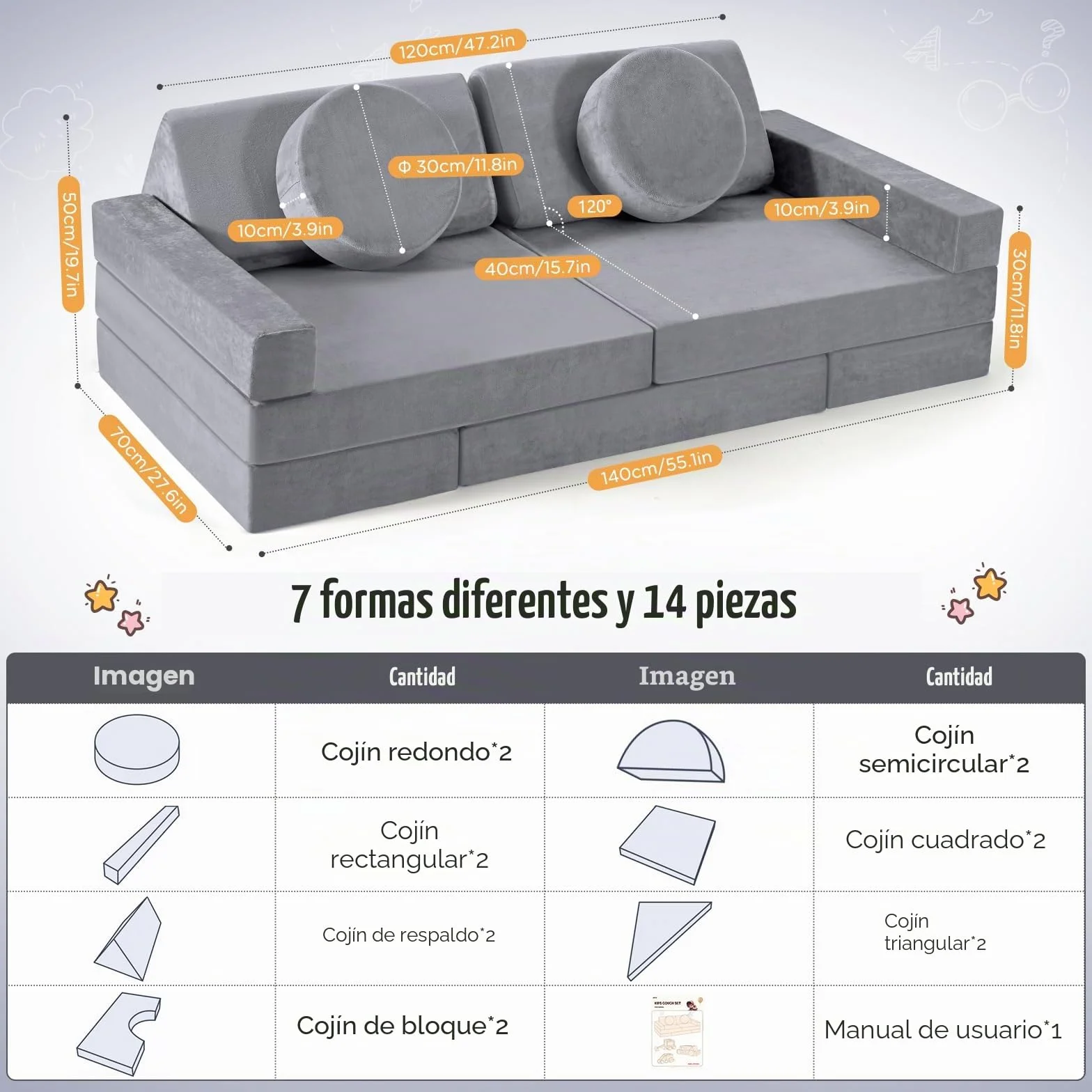Sofá para niños, Juego de sofás para niños de 14 Piezas, Bloques de construcción de Espuma apilables, sofá de Juegos para niños para Zona de Dormir y Sala de Juegos (Gris)
