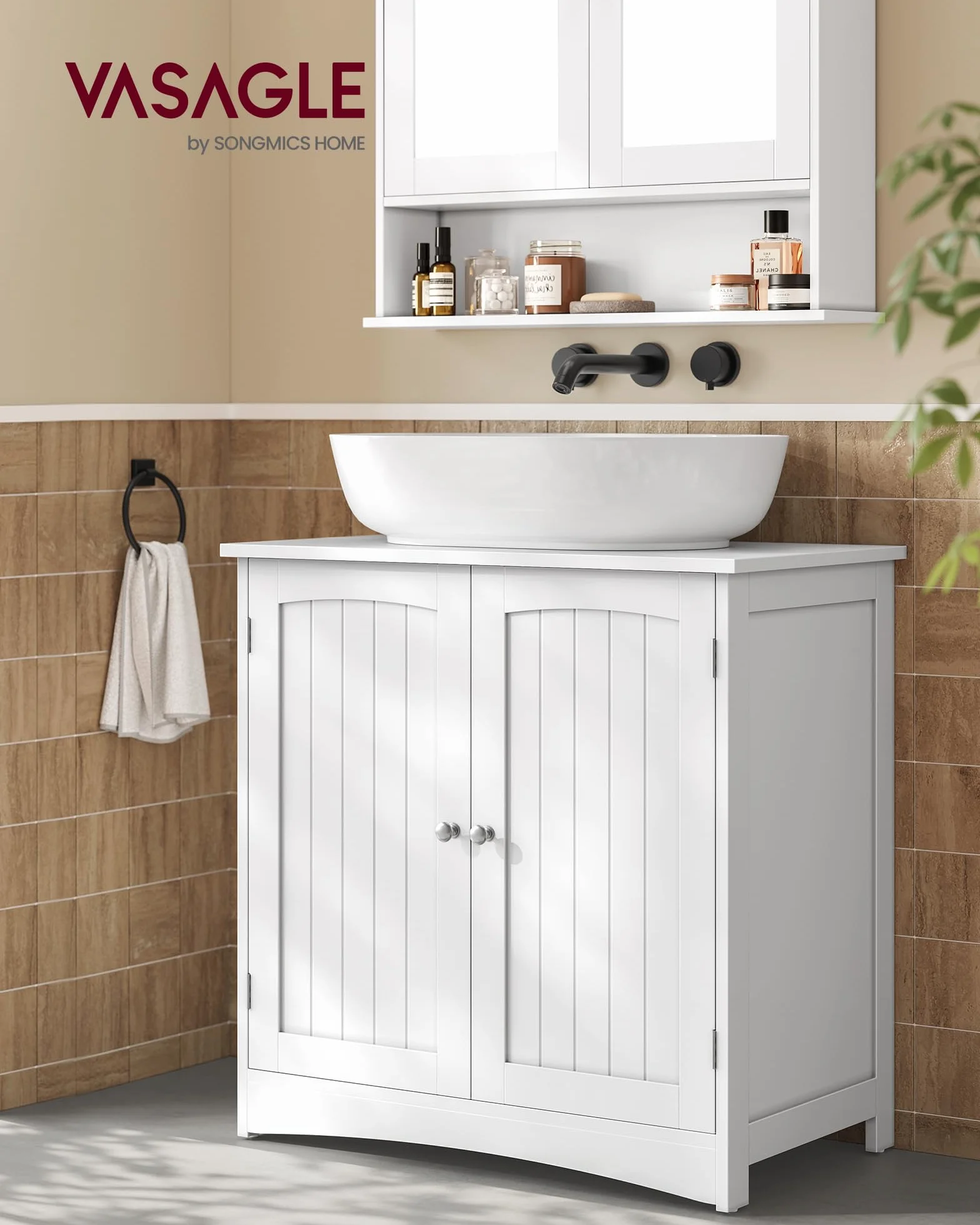 VASAGLE Aramrio de Lavabo, Armario Debajo de Lavabo, Mueble de Baño, con 2 Puertas, Estante Ajustable, Amplio Espacio de Almacenamiento, Estilo Moderno, 40 x 70 x 70 cm, Blanco Nube BBC011W01