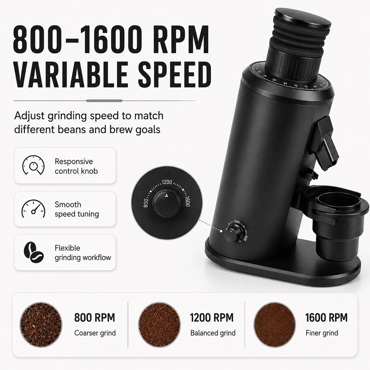 Molinillo de Café Barista 80 mm - Molinillo para Espresso con Muelas Planas, Velocidad Variable, Tolva Monodosis y Horquilla Portafiltro Black