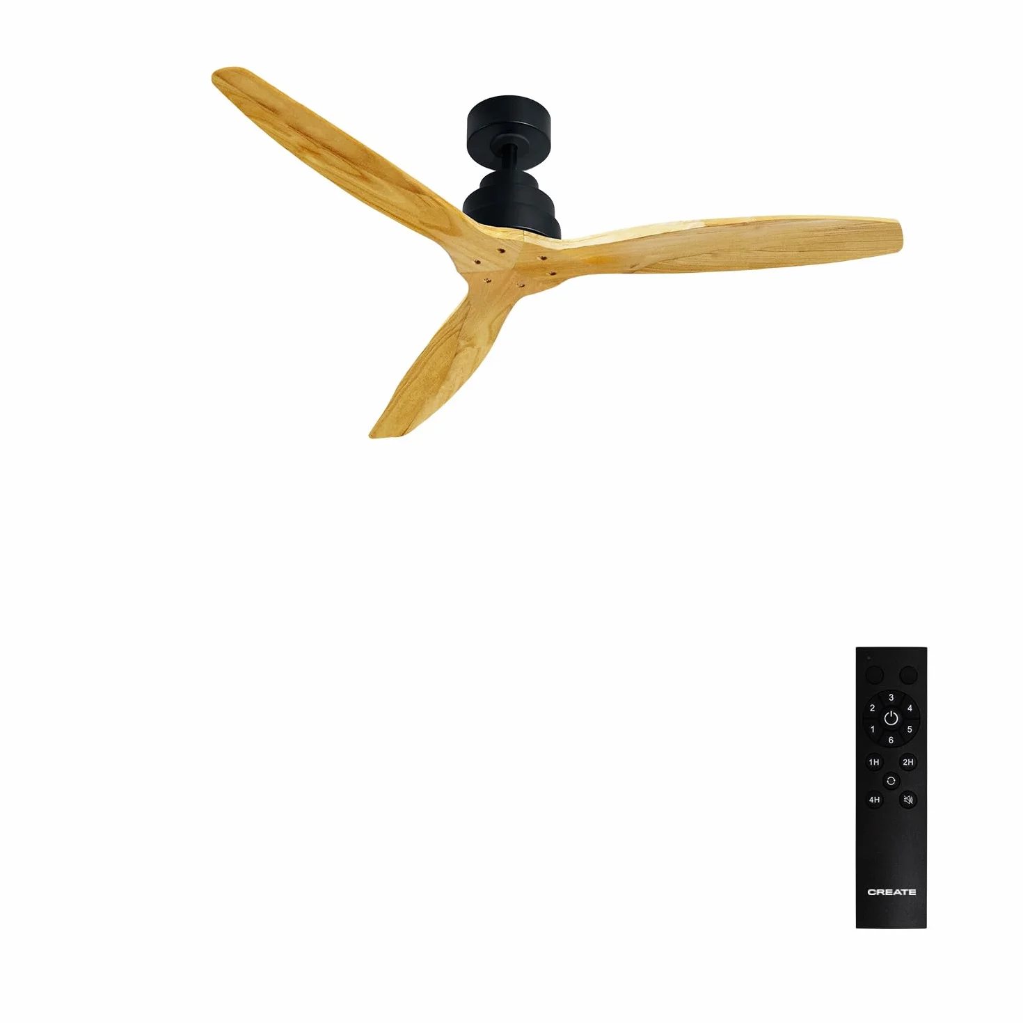 CREATE / WINDSTYLANCE DC/Ventilador de techo negro aspas madera natural con mando / 40W, Silencioso, Ø132 cm, 6 velocidades, temporizador, verano-invierno, doble altura, motor DC