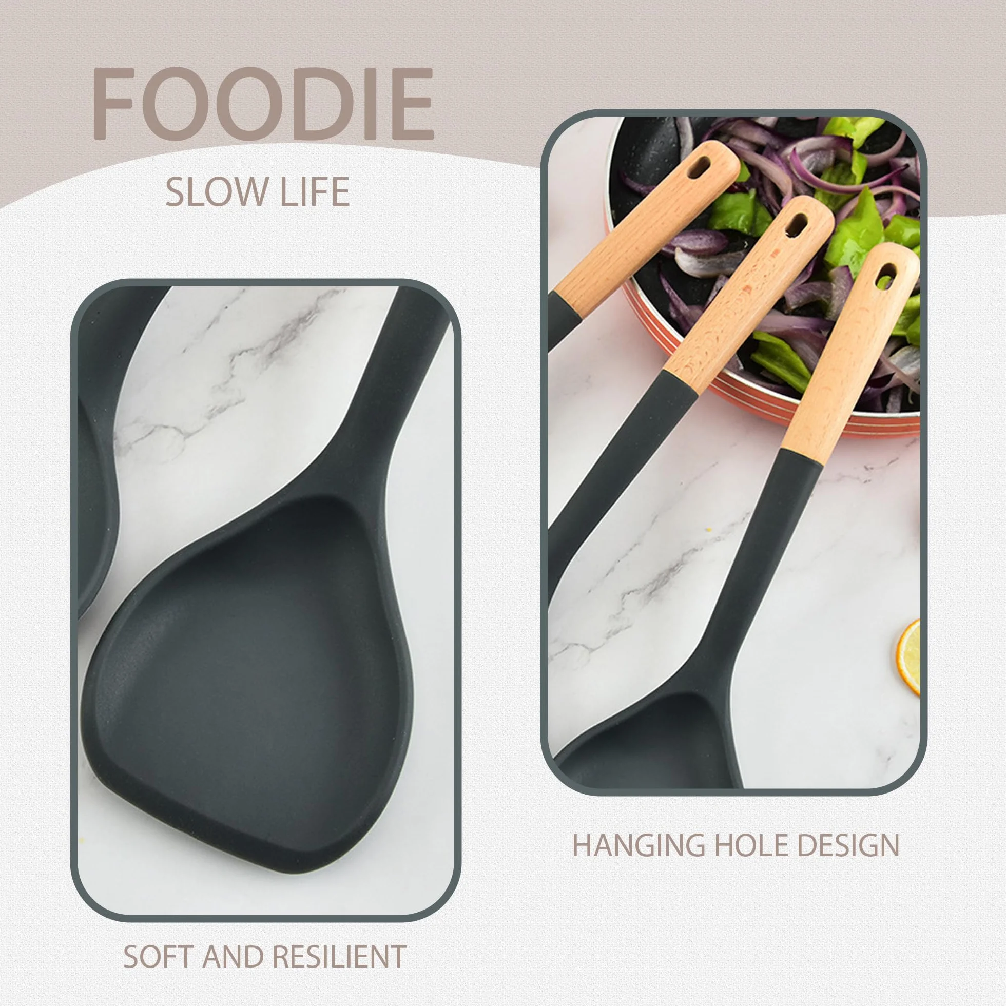 Juego de 7 utensilios de cocina con mango de madera, cabeza de silicona antiarañazos + nailon resistente al calor (cuchara ranurada, cuchara sólida, colador para pasta, espátula) para utensilios de