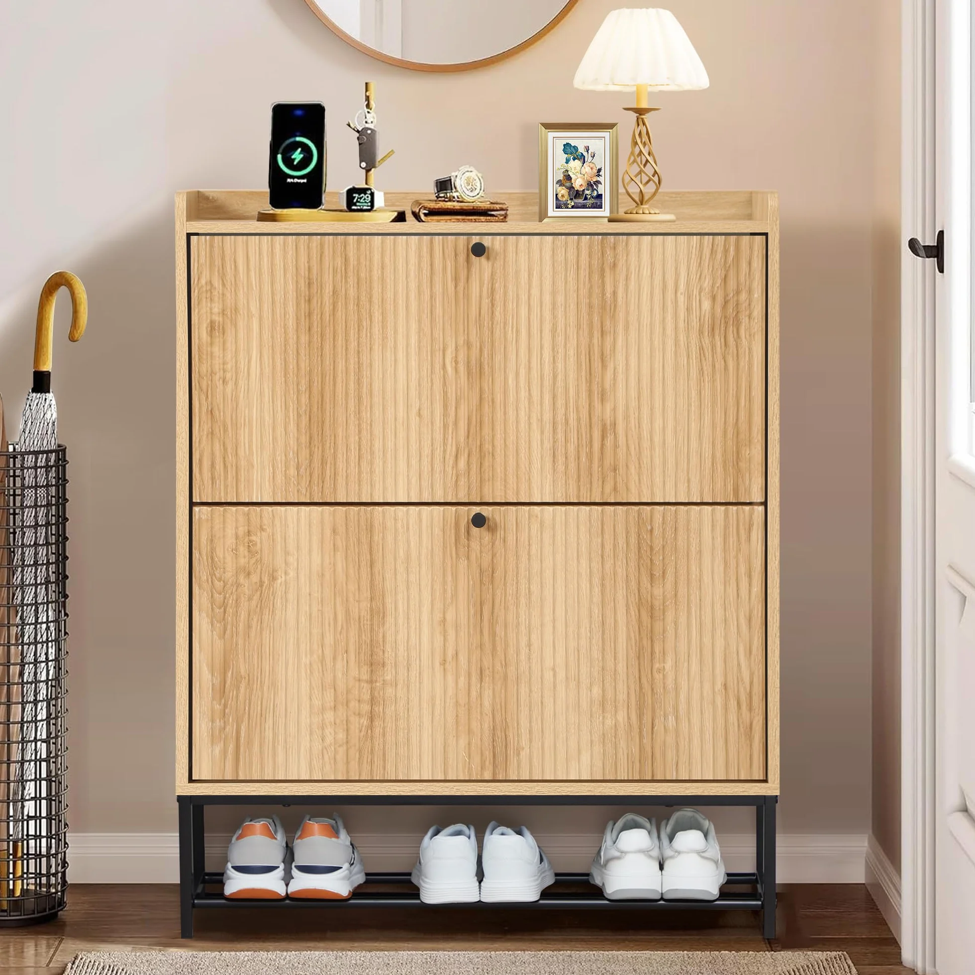Pattern Shoe Cabinet - Organizador de almacenamiento de doble capa, doble puerta, diseño moderno y duradero con estantes ajustables