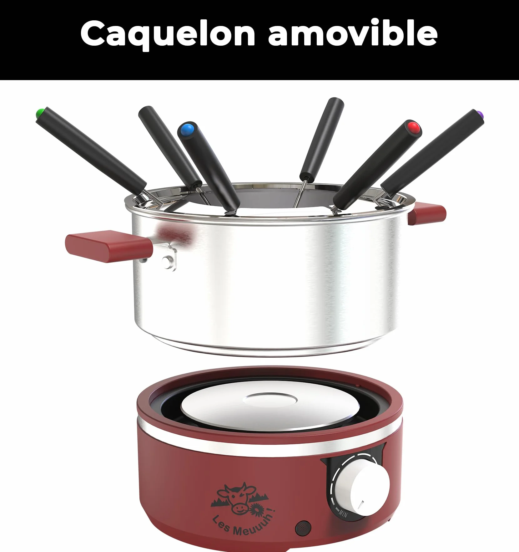 LITTLE BALANCE 8962 Little Fondue Meuuuh...!, dispositivo de fondue para 6 personas, sartén de acero inoxidable, apto para inducción, 1,8 litros, 650 W, chile