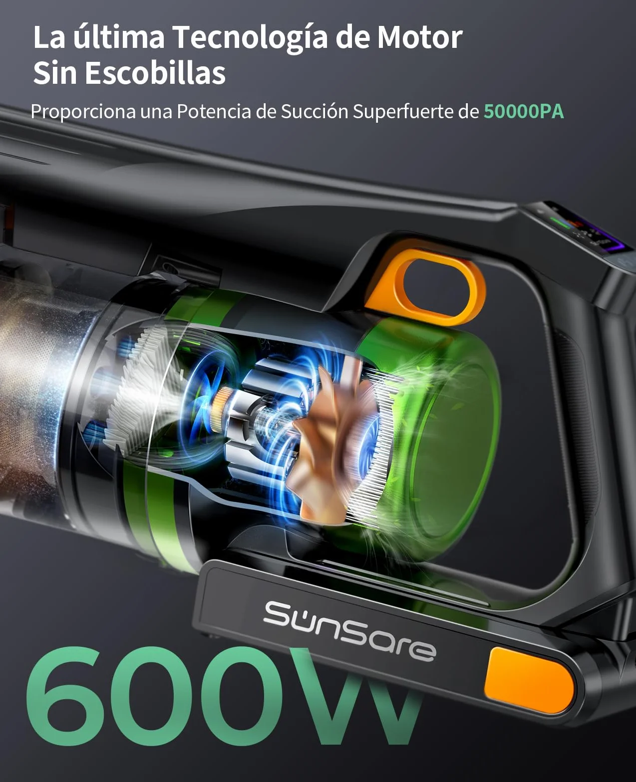 SunSare Aspiradora sin Cable 600W/50KPA/65Min (Eco), 1.8L Aspirador Sin Cable con Manguera de 1M, Aromaterapia, Luz LED Verde, Pantalla LED Inteligente, para Pelo de Mascotas, Alfombras, Pisos, Coche