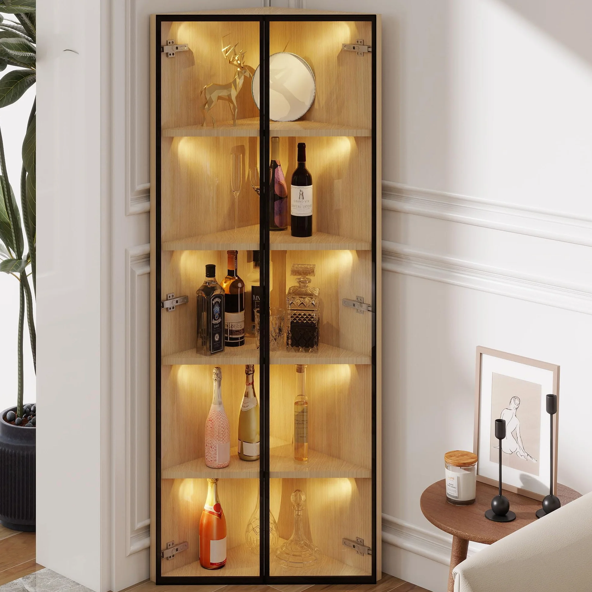 Soweiz Vitrina esquinera con puerta – Estantería para libros, armario de vino, armario de baño, vitrina de cristal LED, 62 x 35 x 160 cm, barra de luz integrada, armario de cristal templado a prueba