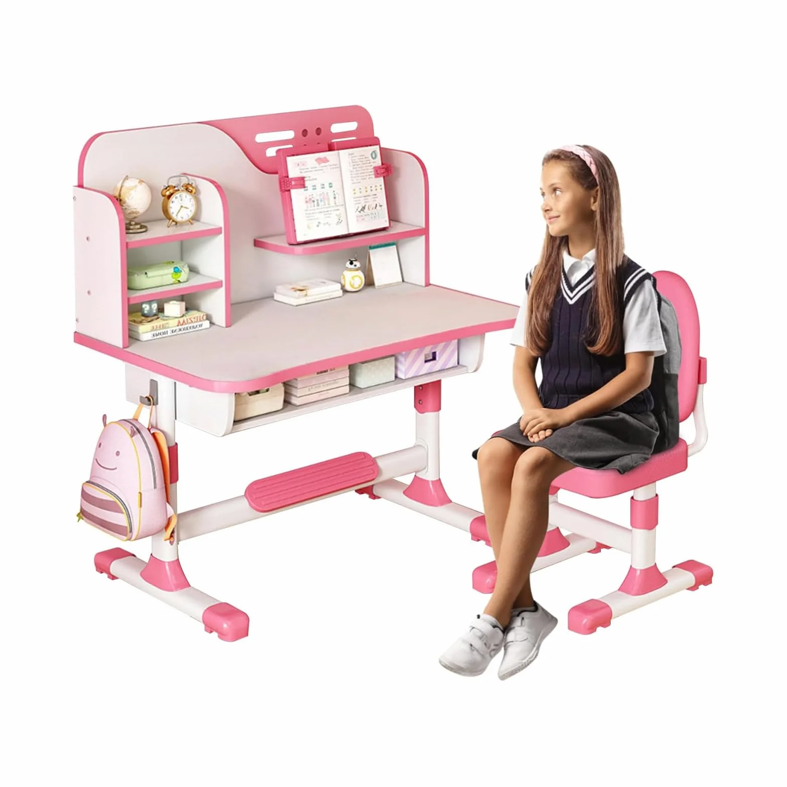 Juego de mesa y silla de estudio para niños, escritorio de arte ajustable para dormitorio, mesa de estudio con gran tablero de escritura, estantería y cajón (rosa)