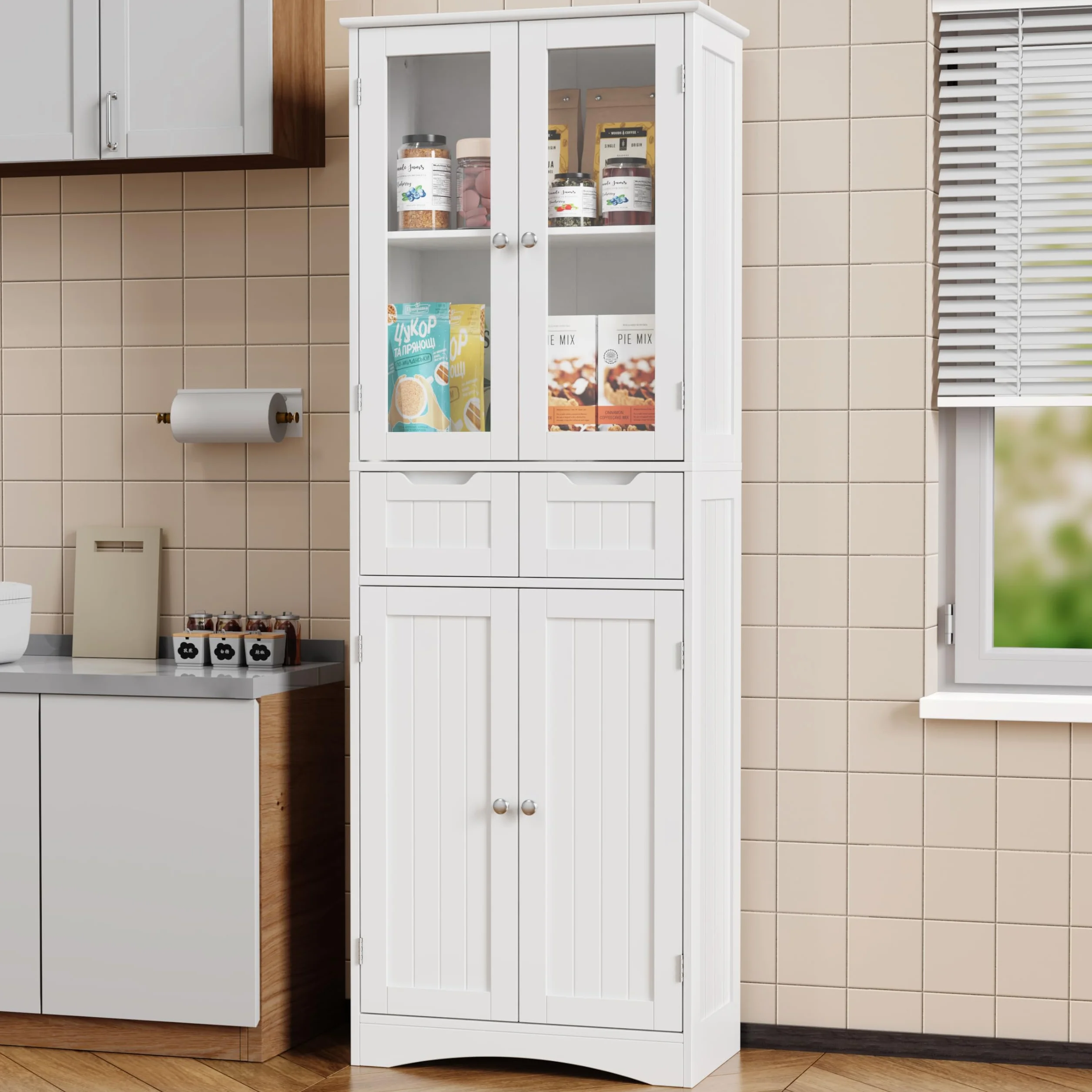 Xbro 170cm Alacena de Cocina, Mueble Despensa con 4 Armarios y 2 Cajones, Armario con Diseño Antivuelco, Alacena de Madera para Cocina, Salón y Comedor (Blanco)