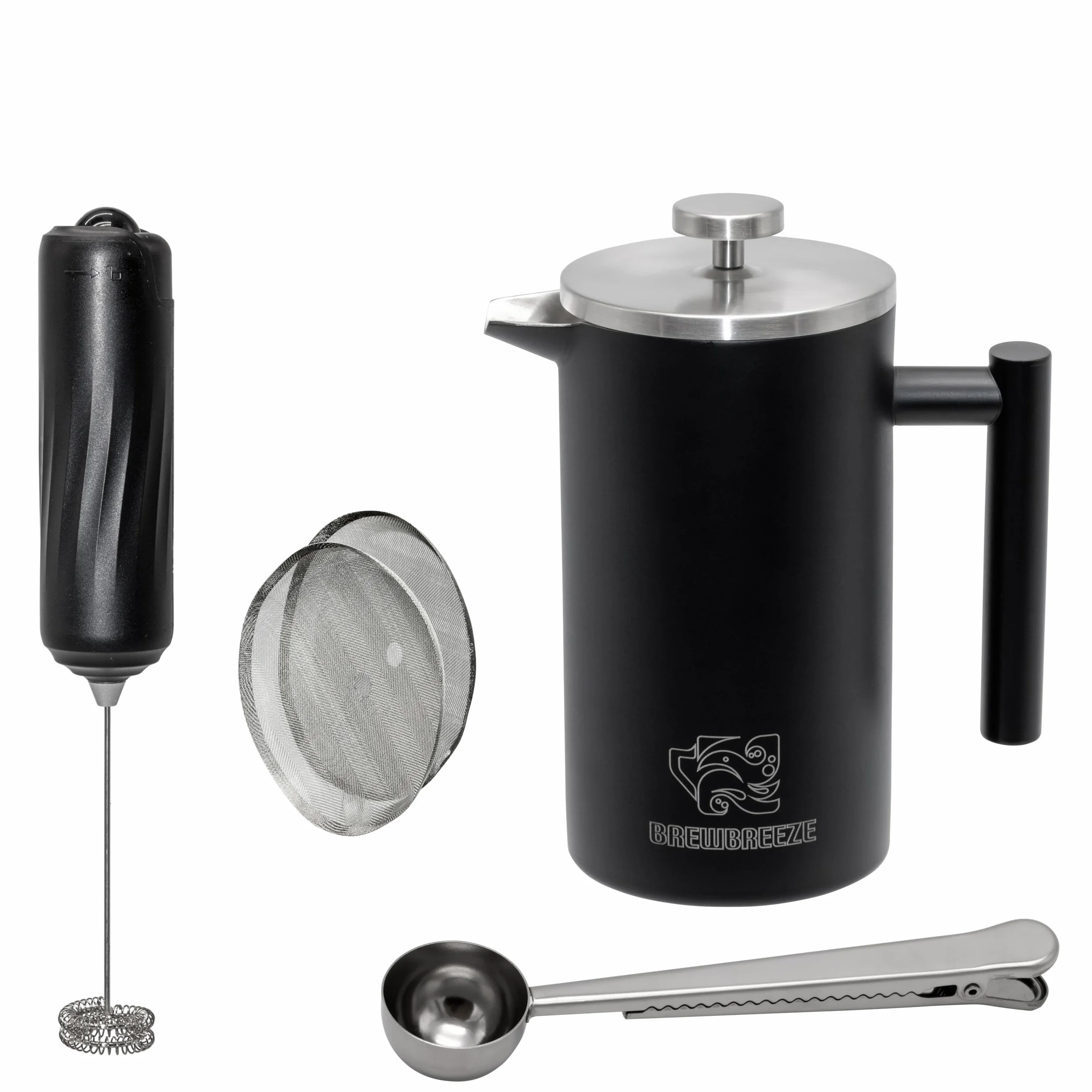 French Press Set I Cafetera Thermo Prensa de Café de Filtro 1 Litro Espumador de Leche Doble Pared Aislante Acero Inoxidable (Negro)