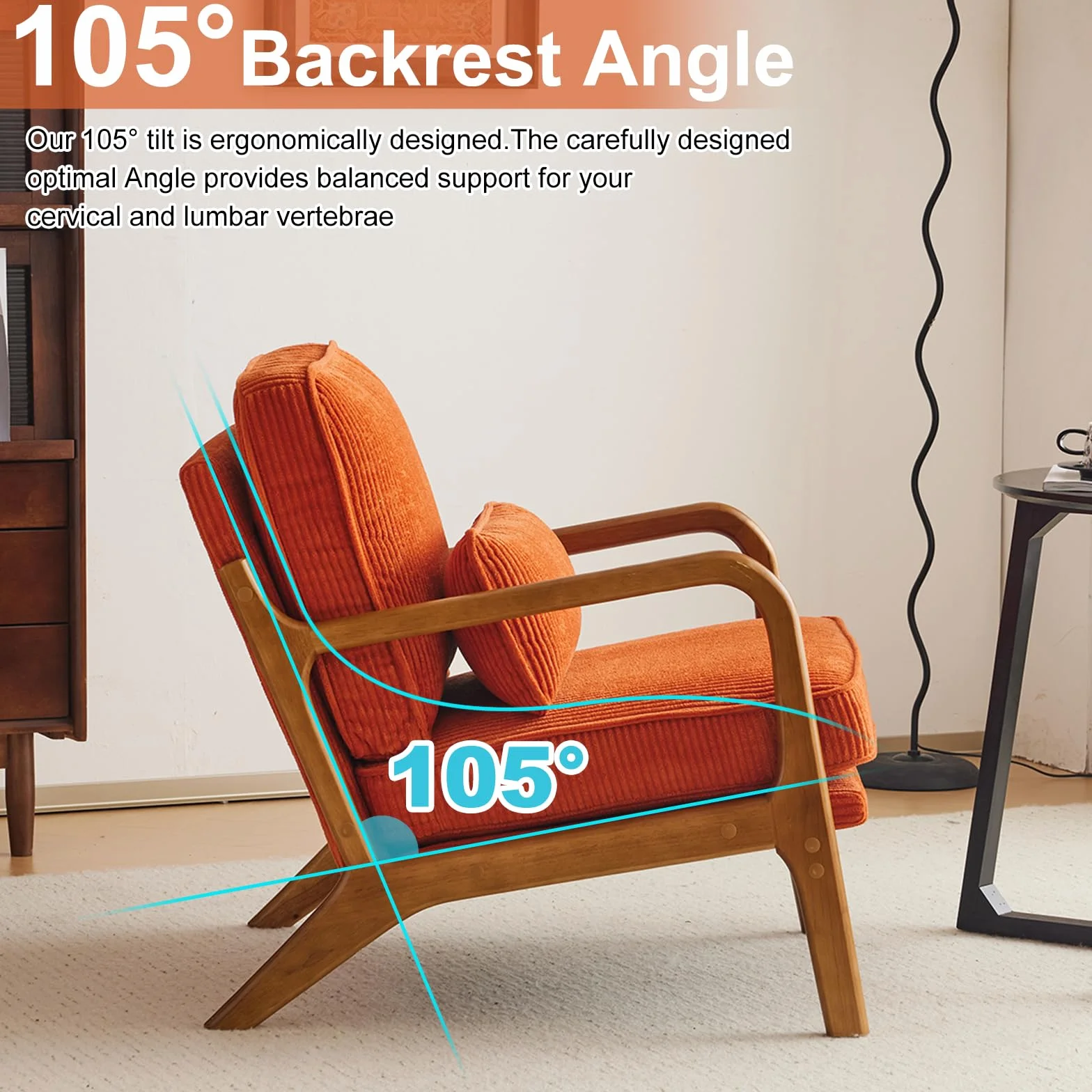 Bonnlo Sillón Butaca Individual de Salón, Estilo Nórdico Retro, Tapizado de Pana Acanalada Suave, Estructura de Madera Maciza, Cojín Incluido, 65×80×78 cm, Carga Máxima 150 kg (Naranja)