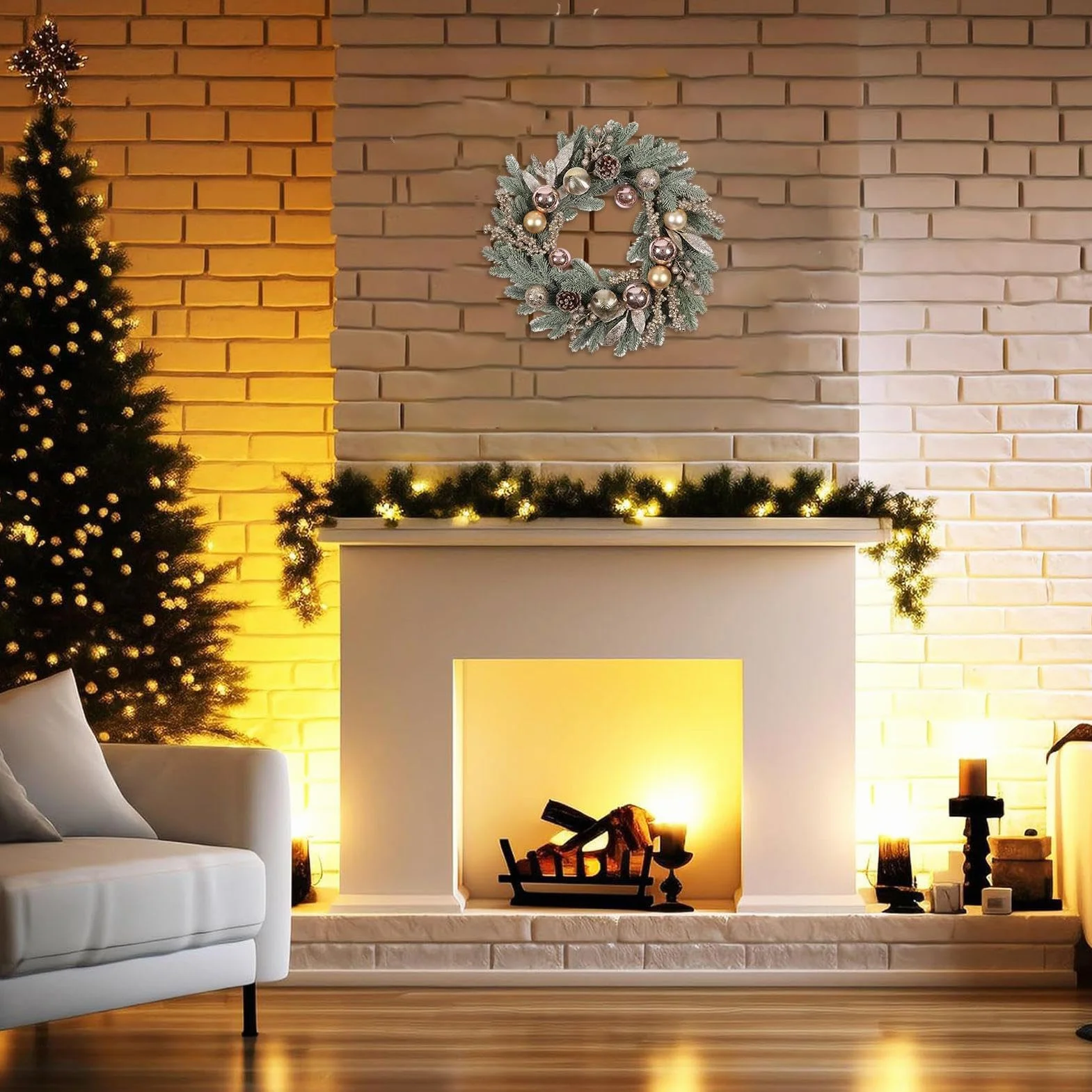 Corona Navideña Para Exteriores Guirnalda de Ramas de Pino de 50 cm | Para Corona Porche para Navidad Interior Chimenea Repisa Porche Ventana Puerta Mesa Boda Invierno Cocina