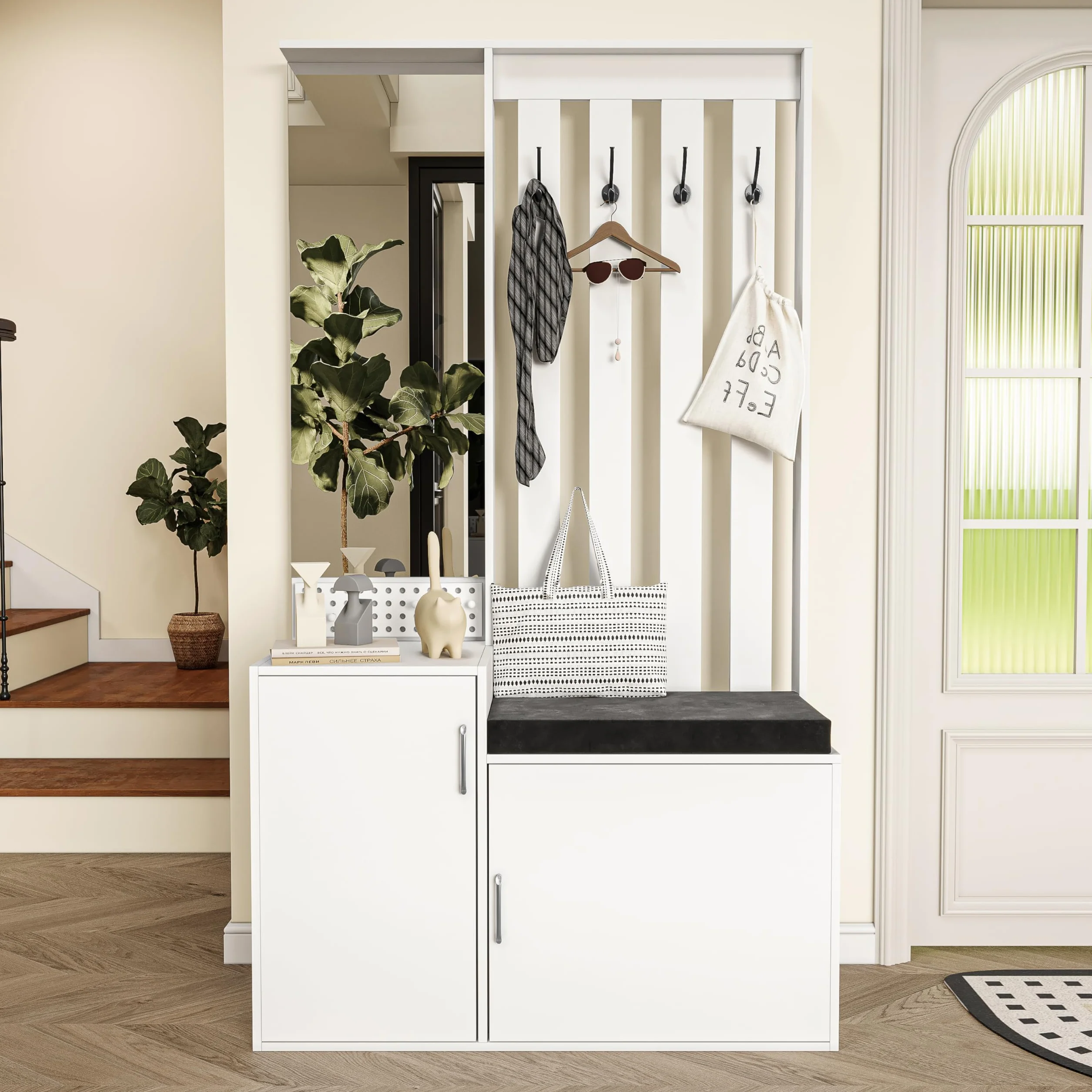 Perchero con Armario de Zapatos,Conjunto Recibidor con Banco Zapatero,Ganchos y Espejo | 100x40x80 cm Mueble de Entrada Multifuncional,Todo en Uno,Blanco