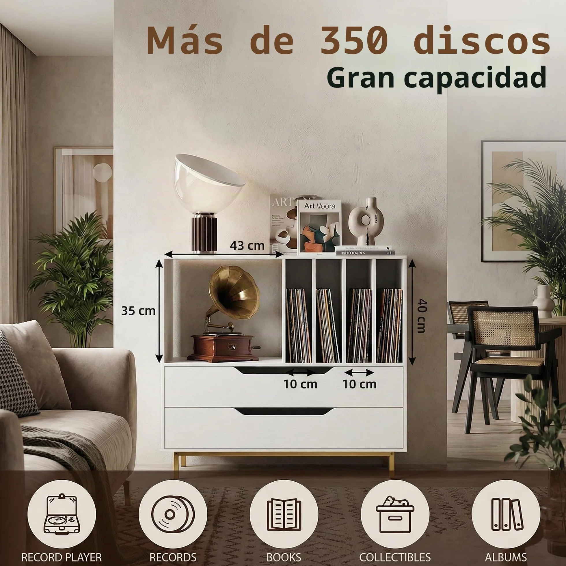 KOMFOTTEU Mueble para Tocadiscos con Compartimento Abierto y 2 Cajones, Soporte de Discos de Vinilo con Patas de Metal, Expositor para Discos para Dormitorio, Salón, Estudio, 91 x 36 x 87 cm (Blanco)