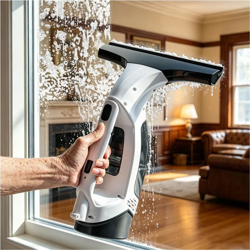 Limpia Cristales Electrico Ventanas Bateria | Autonomía 35 min, Pulverizador, Boquilla de 28cm, Depósito de 150ml, con Paño Microfibra