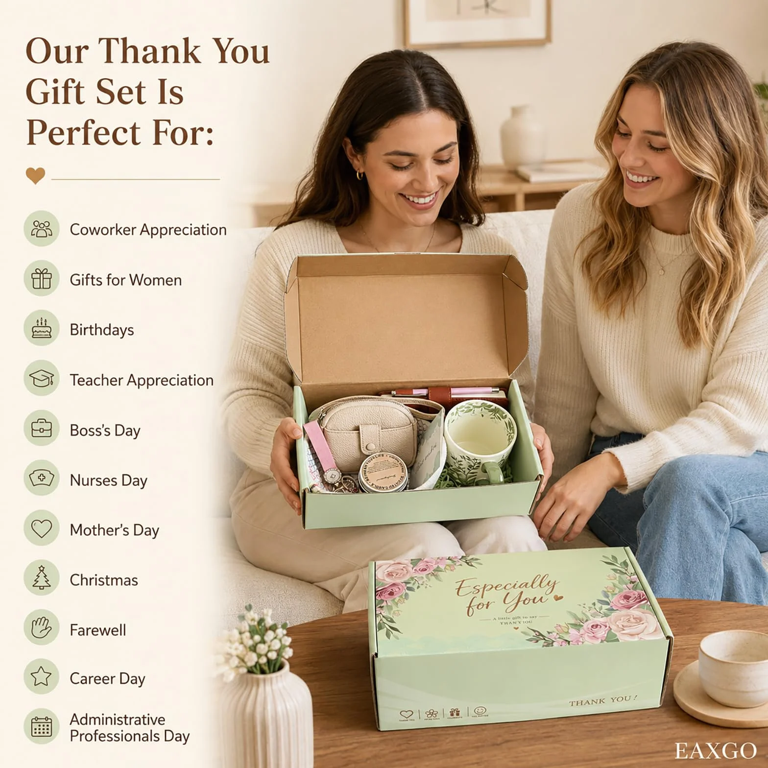EAXGO Regalos de agradecimiento para mujeres, cesta de regalo de agradecimiento para profesores, empleados, caja de paquete de cuidado cuidadoso, regalos de cumpleaños para mamá, amigas, esposa