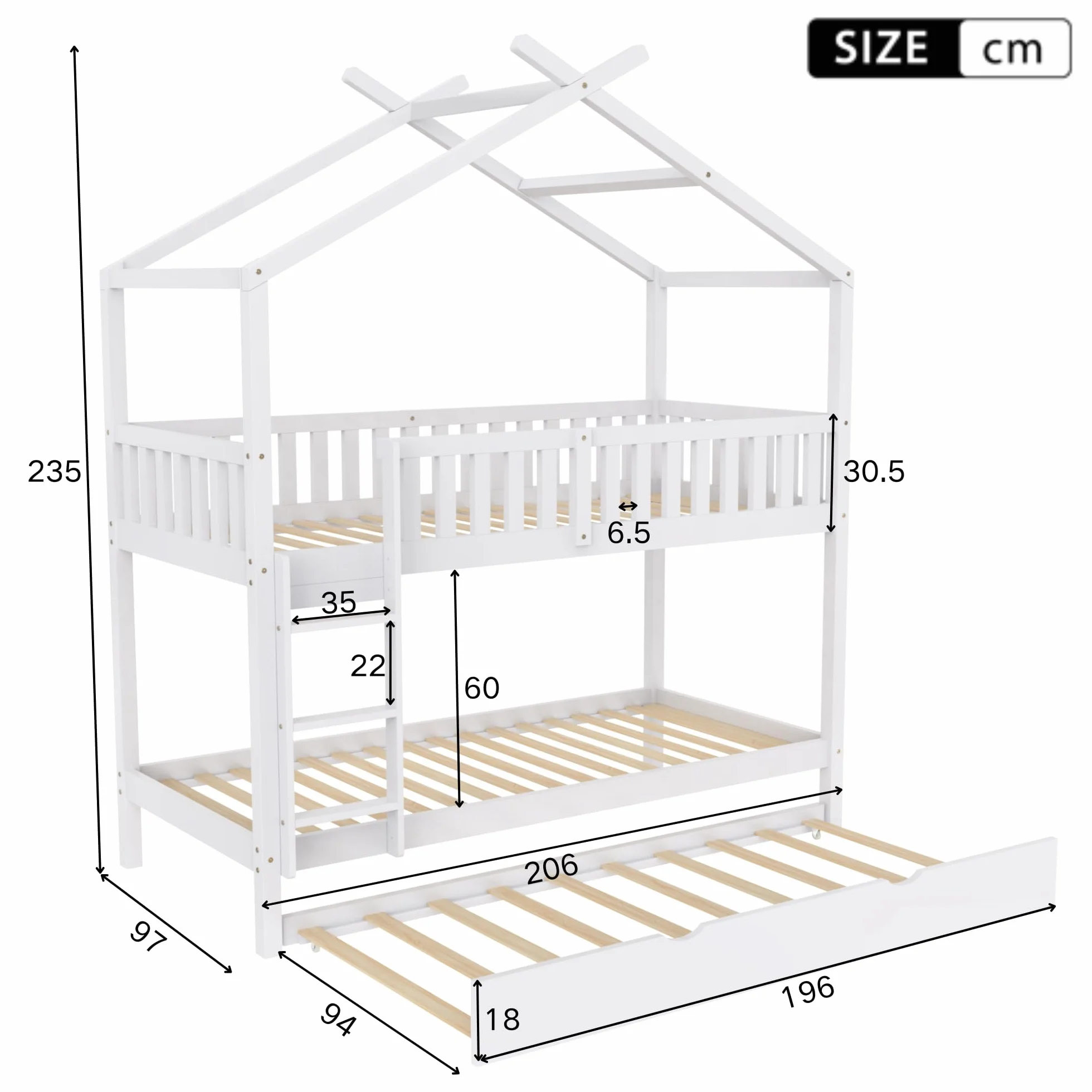 Moimhear Cama para niños House Bed 90 x 200 cm, cama juvenil, tres camas, extensible, diseño que ahorra espacio, color blanco