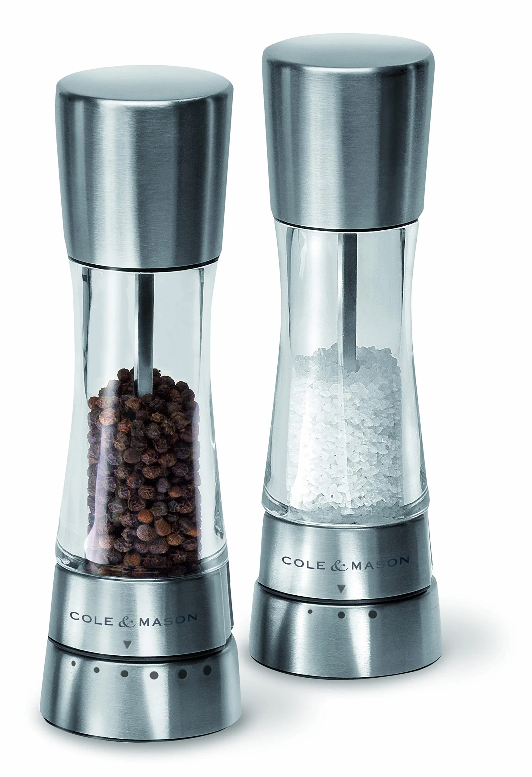 Cole & Mason Derwent Juego de Molinillos de Sal y Pimienta – Mecanismo de Cerámica Ajustable, Diseño de Acero Inoxidable y Acrílico, Molienda Precisa, Duradero