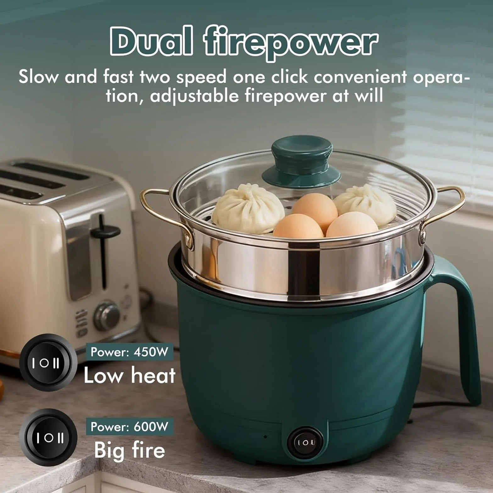 Olla Eléctrica 1.5 Litro, Mini Olla Caliente Portátil, Multicocina Antiadherente 600W 220V Verde