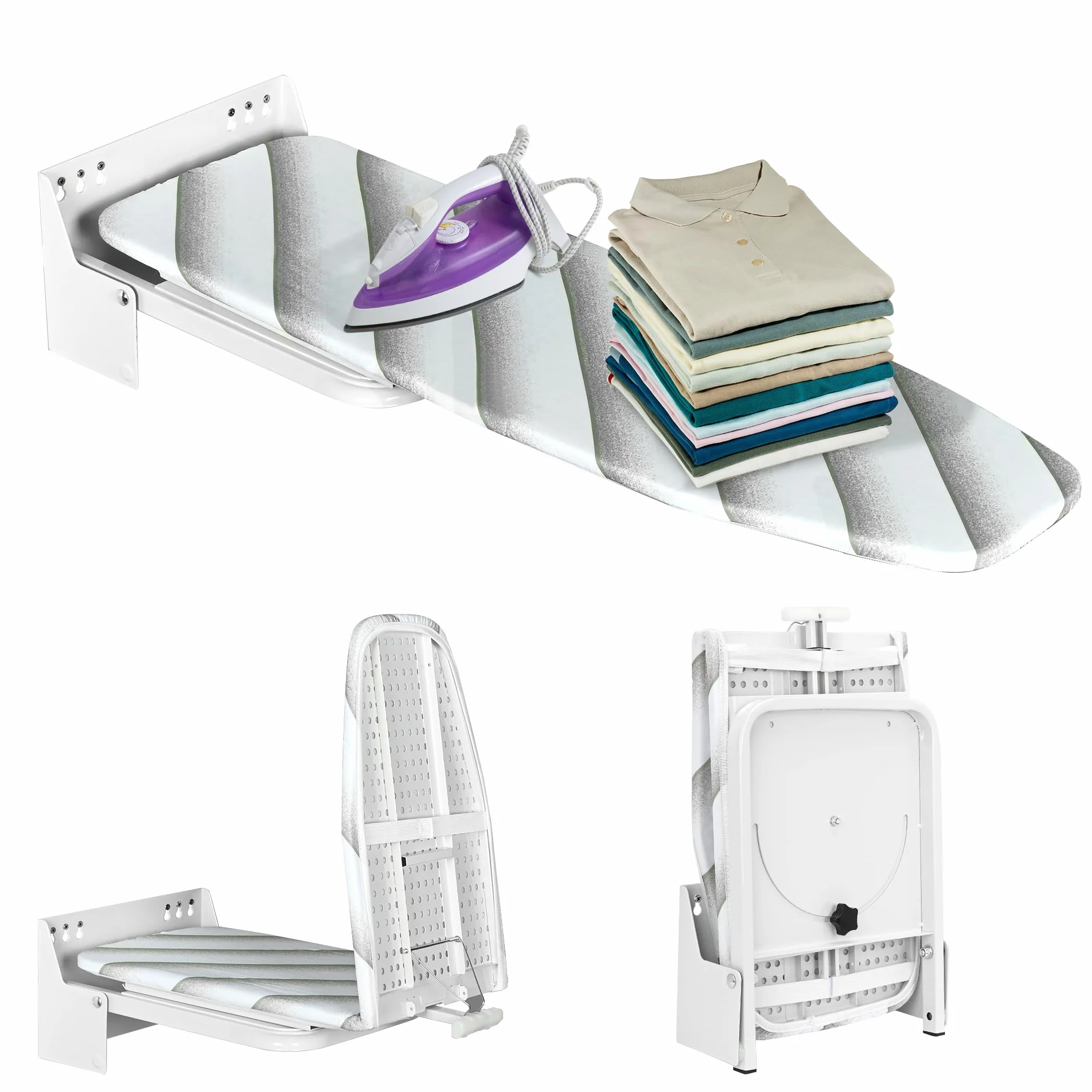 uyoyous Tabla de planchar plegable para montaje en pared, con cubierta resistente al calor, giratoria 180°, tabla de planchar de pared para ahorrar espacio, de primera clase (blanco)