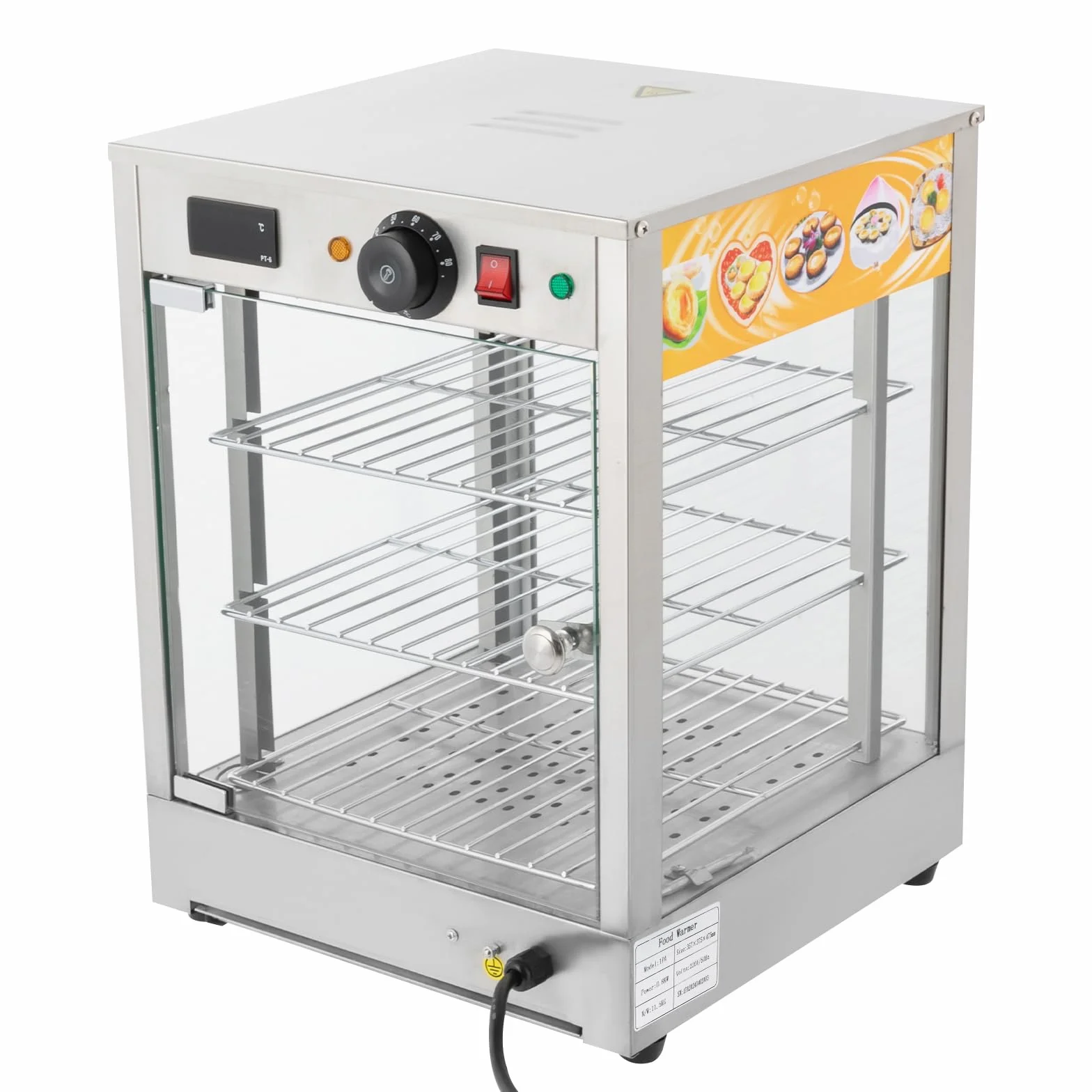 Vitrina de mantenimiento del caliente,800W Comercial eléctrico con iluminación,Barra caliente de 3 pisos,Temperatura ajustable,Pantalla digital,Acero inoxidable