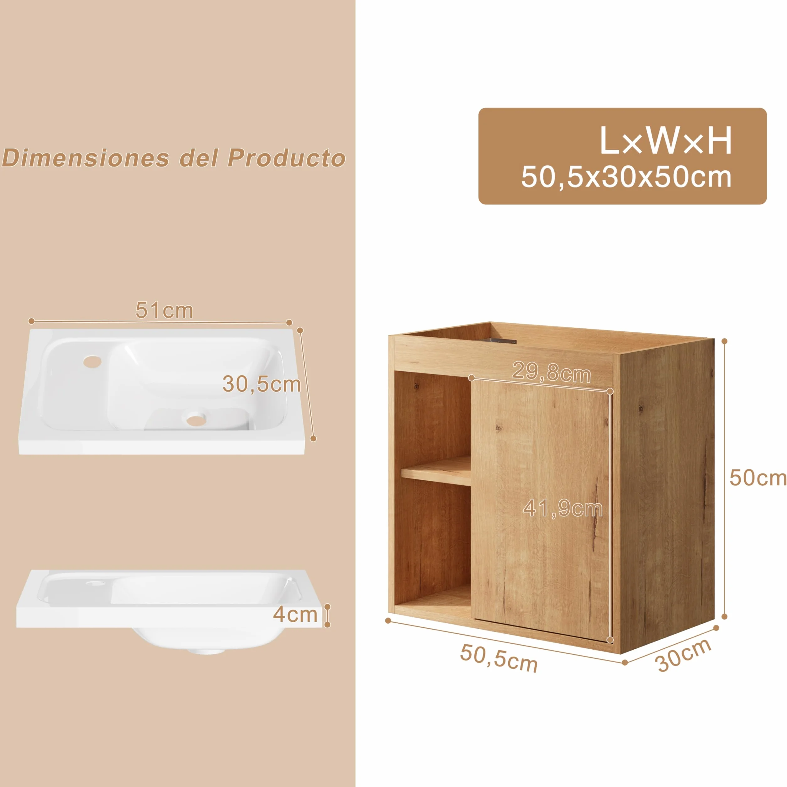 UEV Mueble de Baño con Lavabo de Resina, Mueble de Baño Suspendido con Diseño Único y Practicidad, Modelo de Madera Natural, 50,5 x 30 x 50 cm, Natural