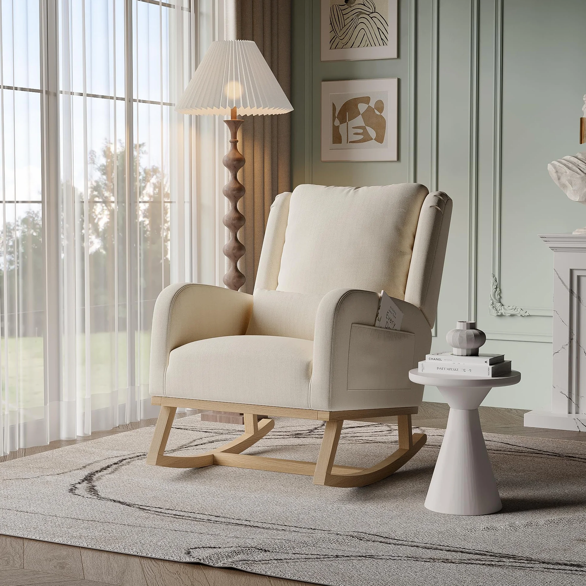 Silla Mecedora Escandinava, Silla de Lactancia, Silla Escandinava de Ocio y Descanso en Tela con Patas de Madera Metálica para Salón, Dormitorio, Beige