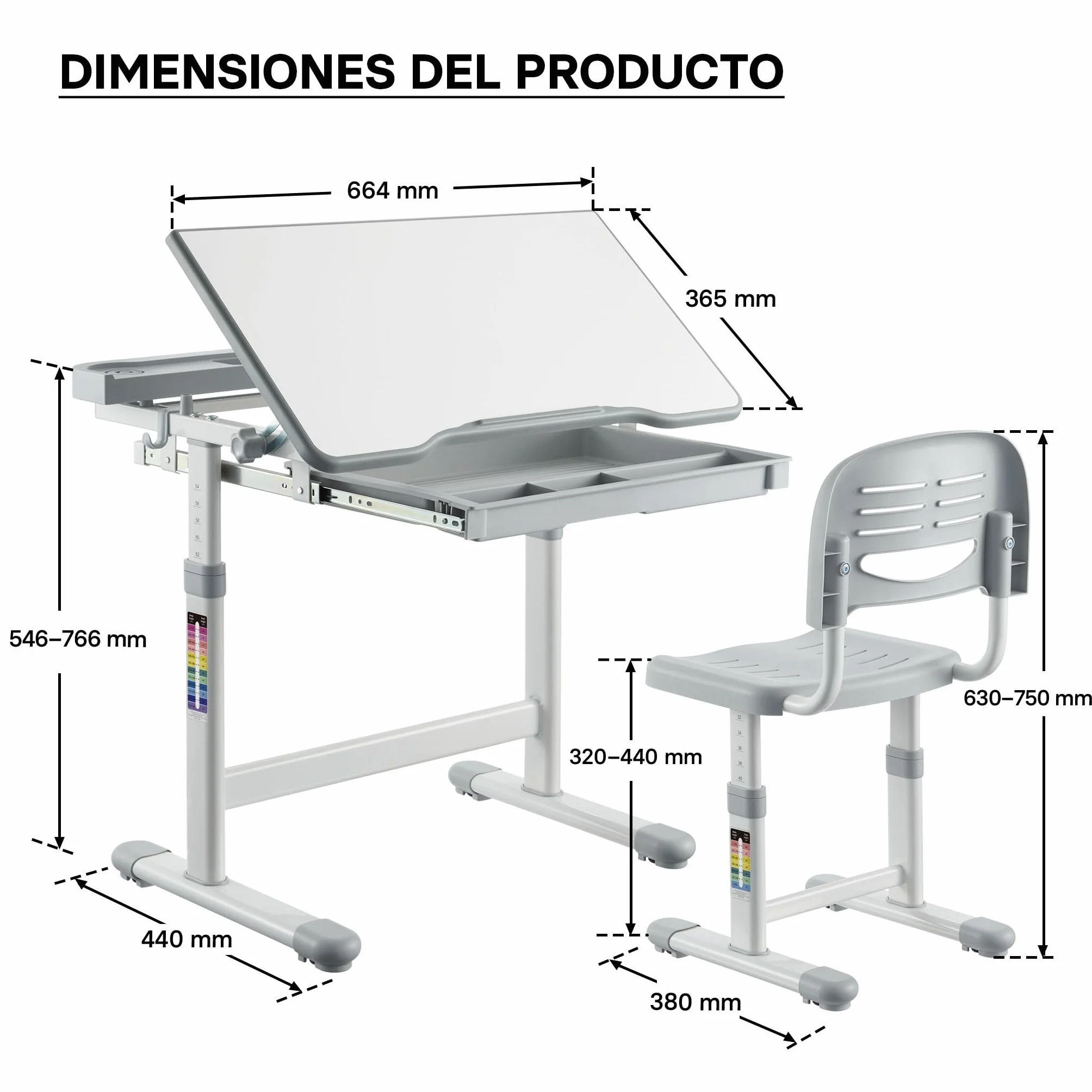 Escritorio para niños Regulable en inclinación/Altura con Silla cajón sujeta Libros