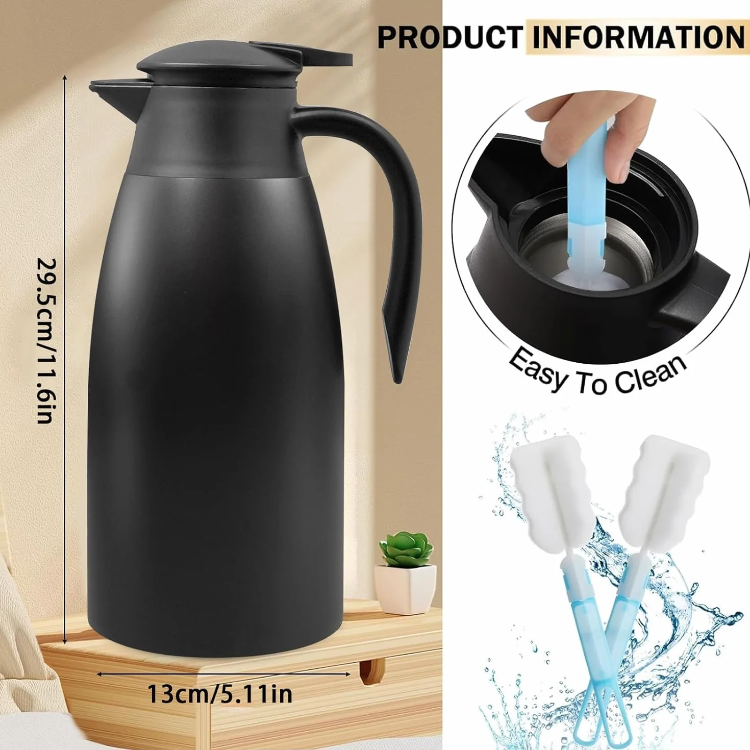 2 jarras térmicas de café de 2 litros aisladas de acero inoxidable para líquidos calientes, dispensador de crema térmica al vacío con cepillos que mantienen el calor 12 horas (negro)