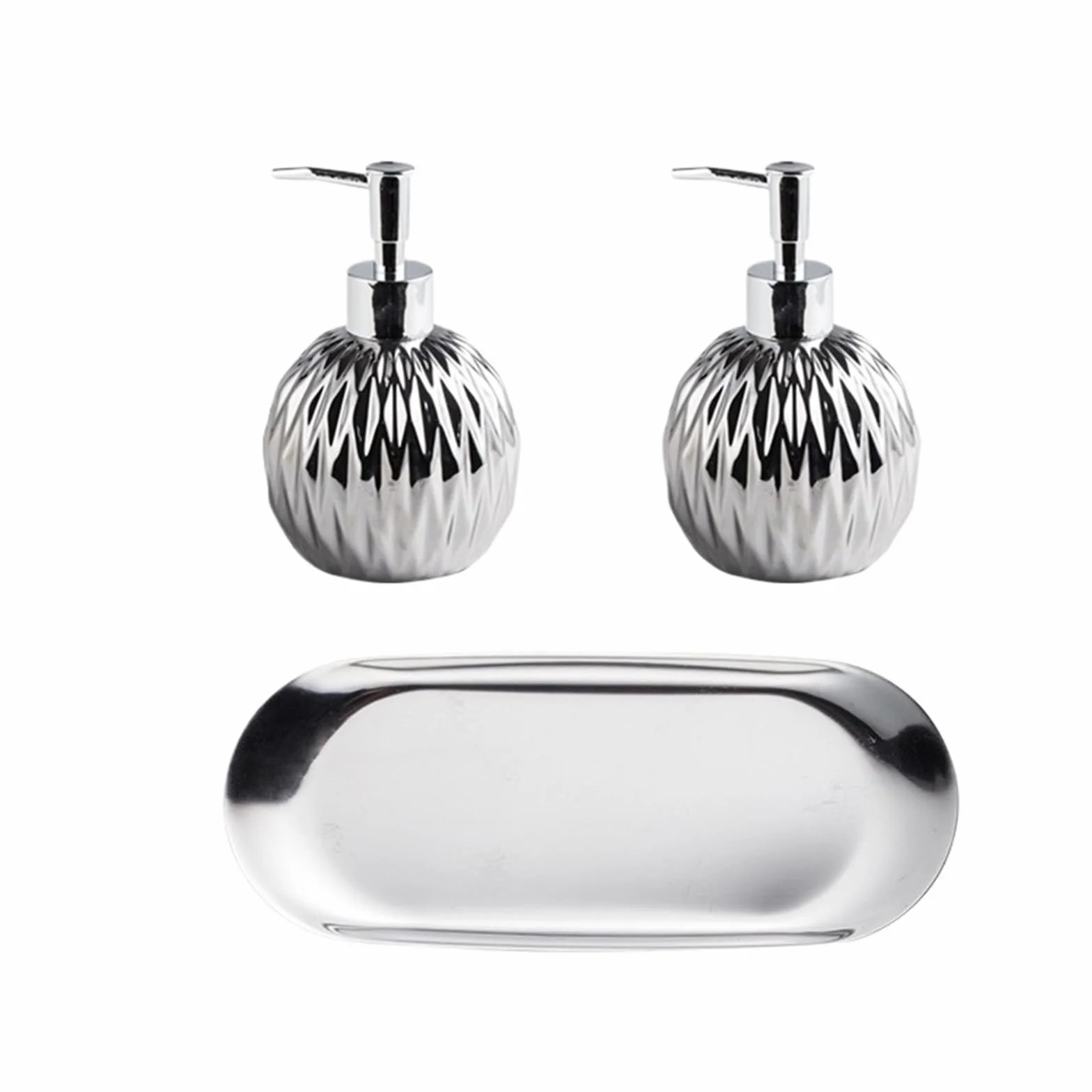 dispensador de jabón Juego de 3 dispensadores jabón cerámica for encimera con Bandeja for Cocina, baño y Botella Bomba loción(Silver)