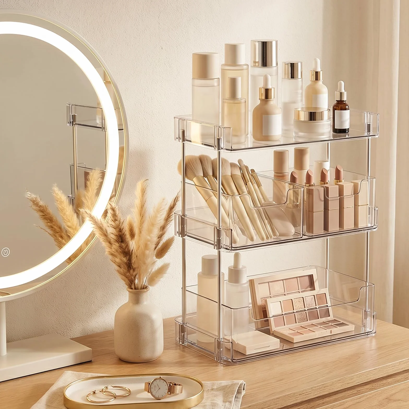 JessLab Organizador de Maquillaje Transparente, 3 Niveles con Cajones Extraíbles, Estante Grande para Cosméticos para Botellas Altas, Perfume, Labial, Encimera de Baño