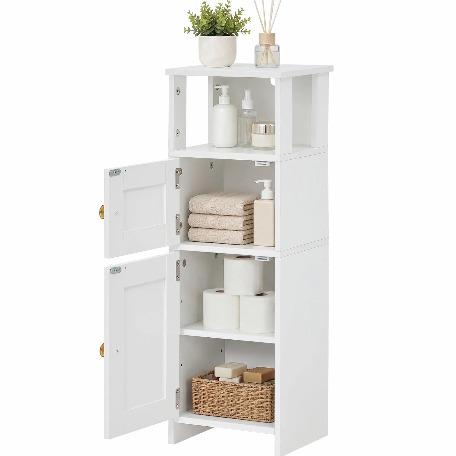 HOOBRO Armario de Almacenamiento para Baño, Mueble de Baño Estrecho y Compacto, Armario Alto Independiente con Estante Ajustable, para Lavandería, con Espacio Abierto y Oculto, Blanco EWT42BC01