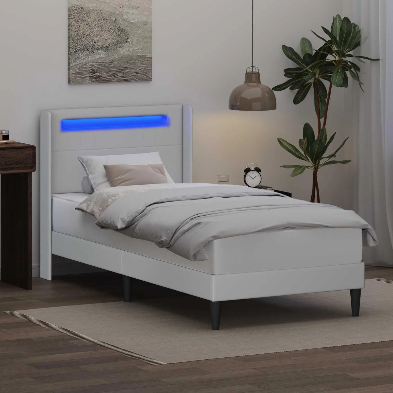 Marco de cama blanco con tiras de luz LED de 90 x 190 cm, piel sintética, marco de madera moderna con tiras LED ajustables Fuente de alimentación USB, diseño estable, para cama individual